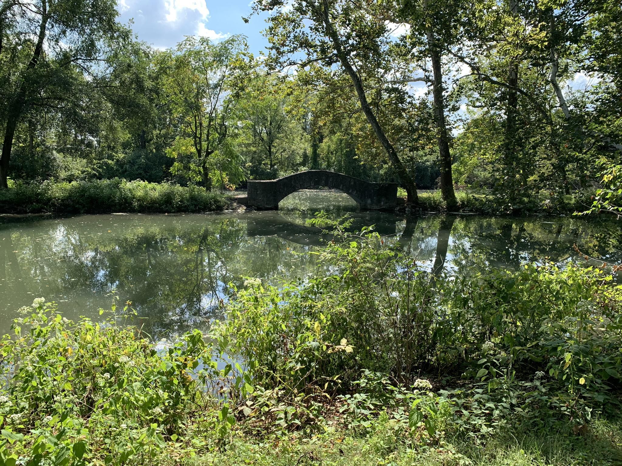 Stone arch bridge over calm water, surrounded by lush green trees on a sunny day. - Five Rivers Fountain of Lights – Eastwood Metro Park loop from Parking for Stan the Donut Man