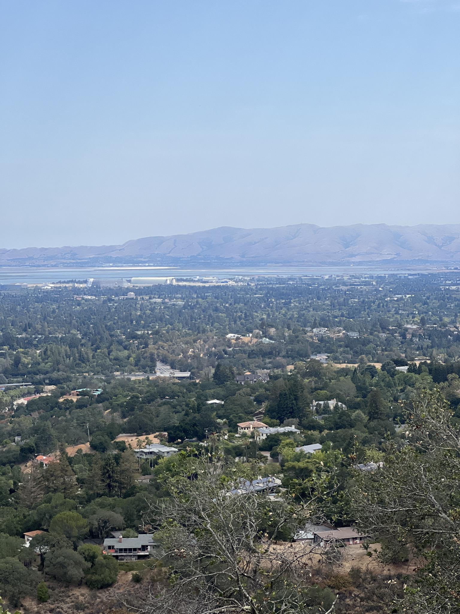 Elevated view of a town nestled among trees, with distant water and mountains.