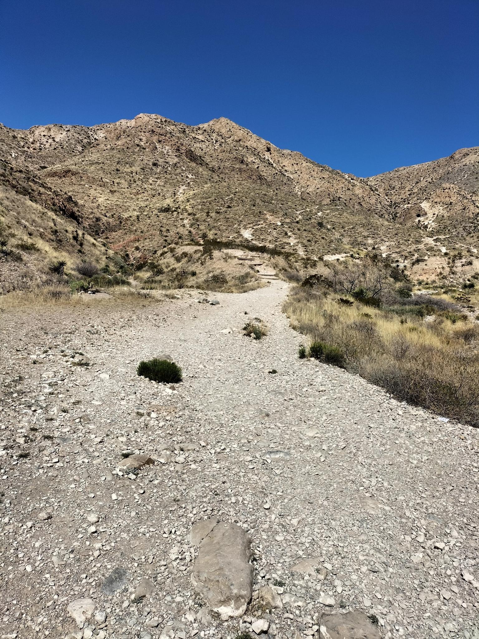 Rocky desert path ascends arid mountains under a clear blue sky.