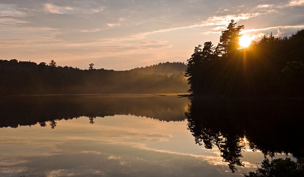 Golden sunrise over a calm lake reflecting forested shores and soft clouds. - Little Long Pond loop