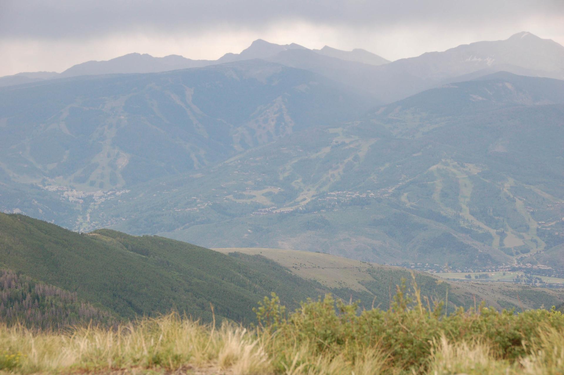 Overcast mountain landscape with distant peaks, forested slopes, and grassy foreground.