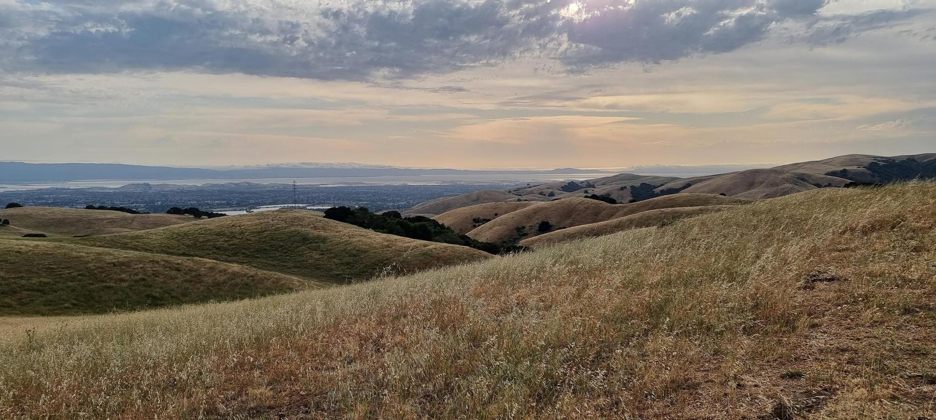 Expansive view of dry, rolling hills under a cloudy, soft-lit sky.