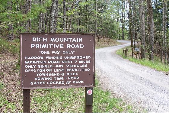 Brown sign next to a winding gravel road through a dense forest.