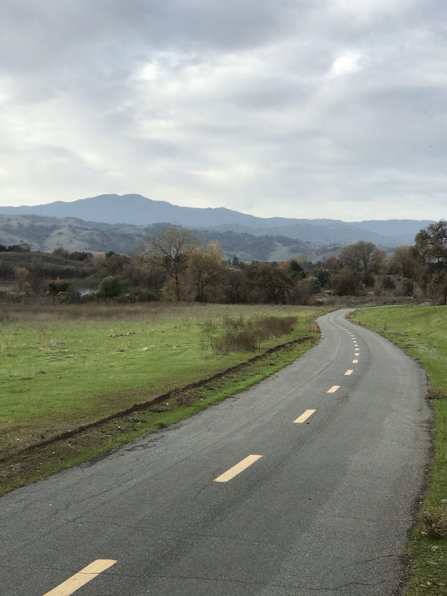 Winding paved road through green fields under an overcast sky with distant hills.