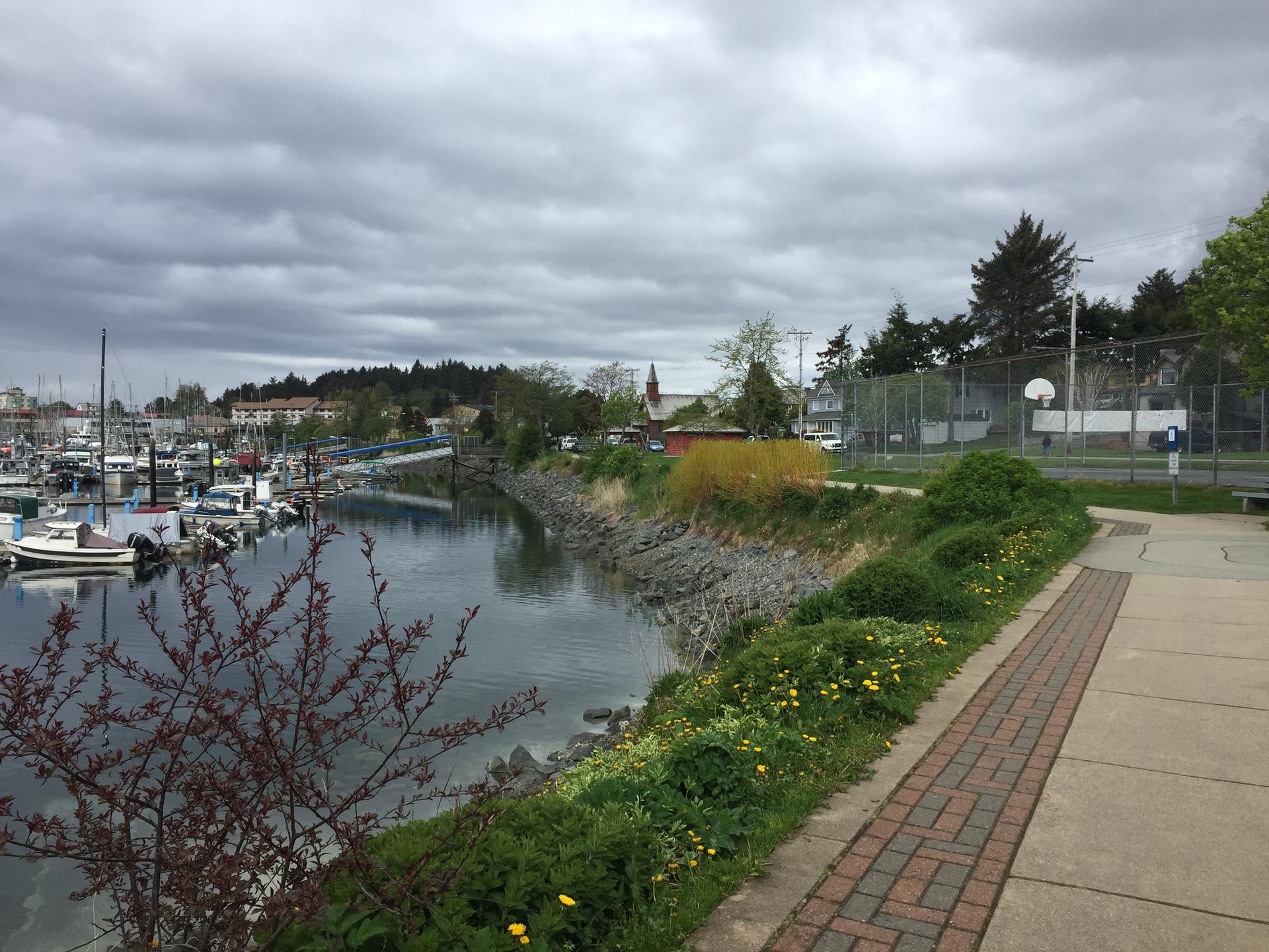 Boats docked in a marina next to a paved path under a cloudy sky.