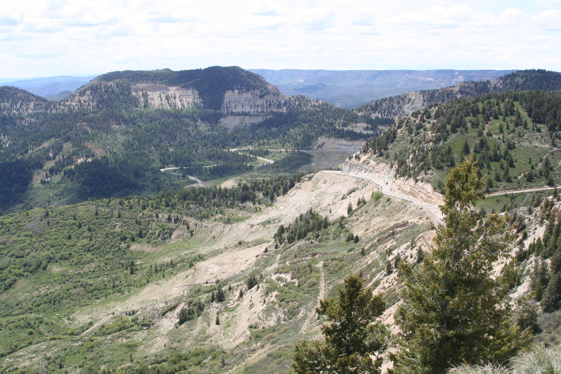 Expansive view of forested mountains and valleys under a bright, cloudy sky.