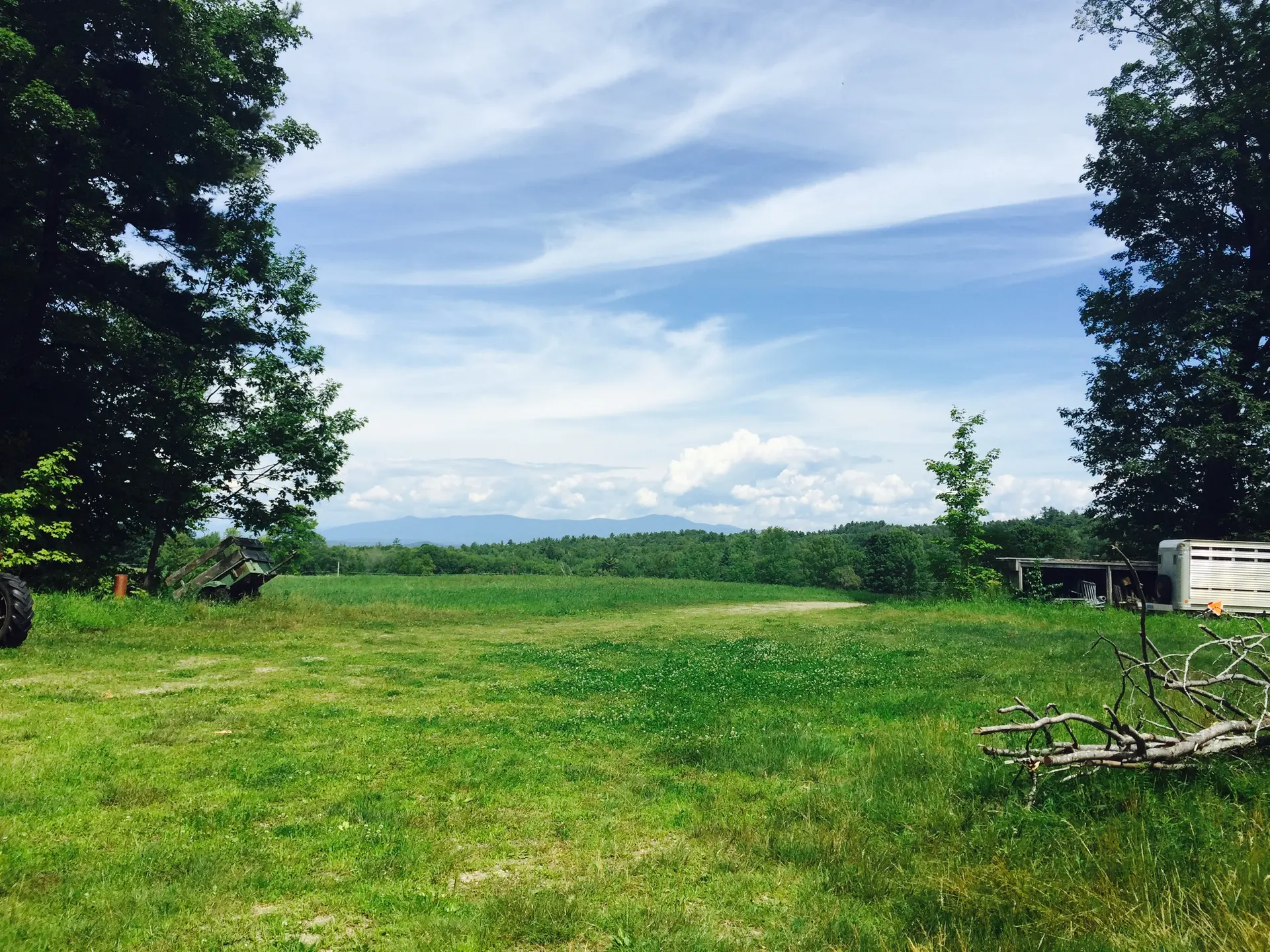 Expansive green field with trees, distant mountains, and a bright cloudy sky.