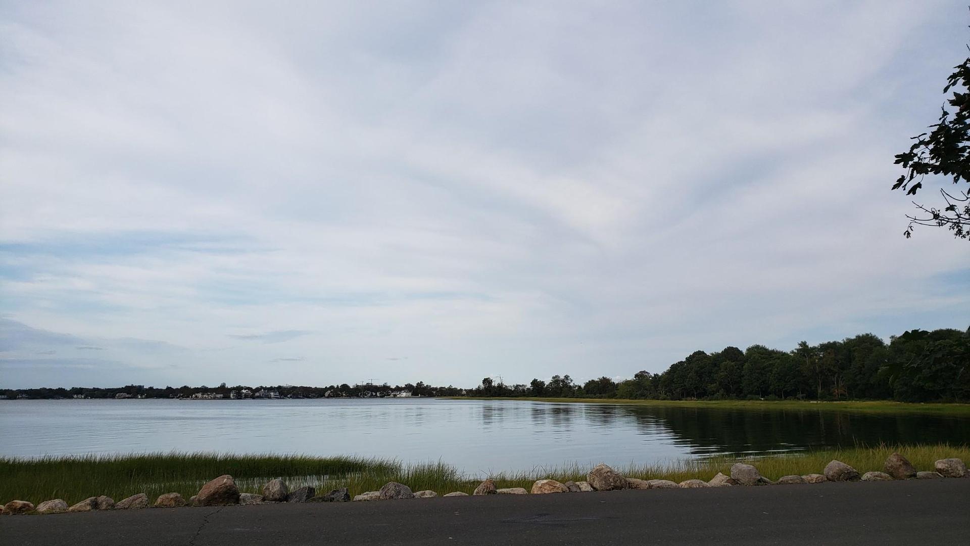 Calm water reflecting a cloudy sky, with trees and a rocky shoreline.