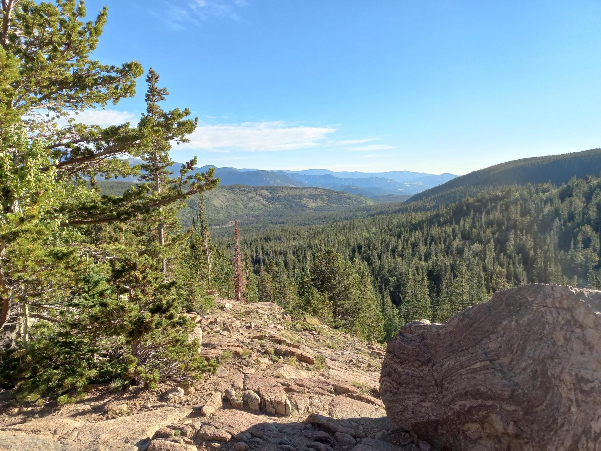 Panoramic view of a vast forested valley and distant mountains under clear sky.