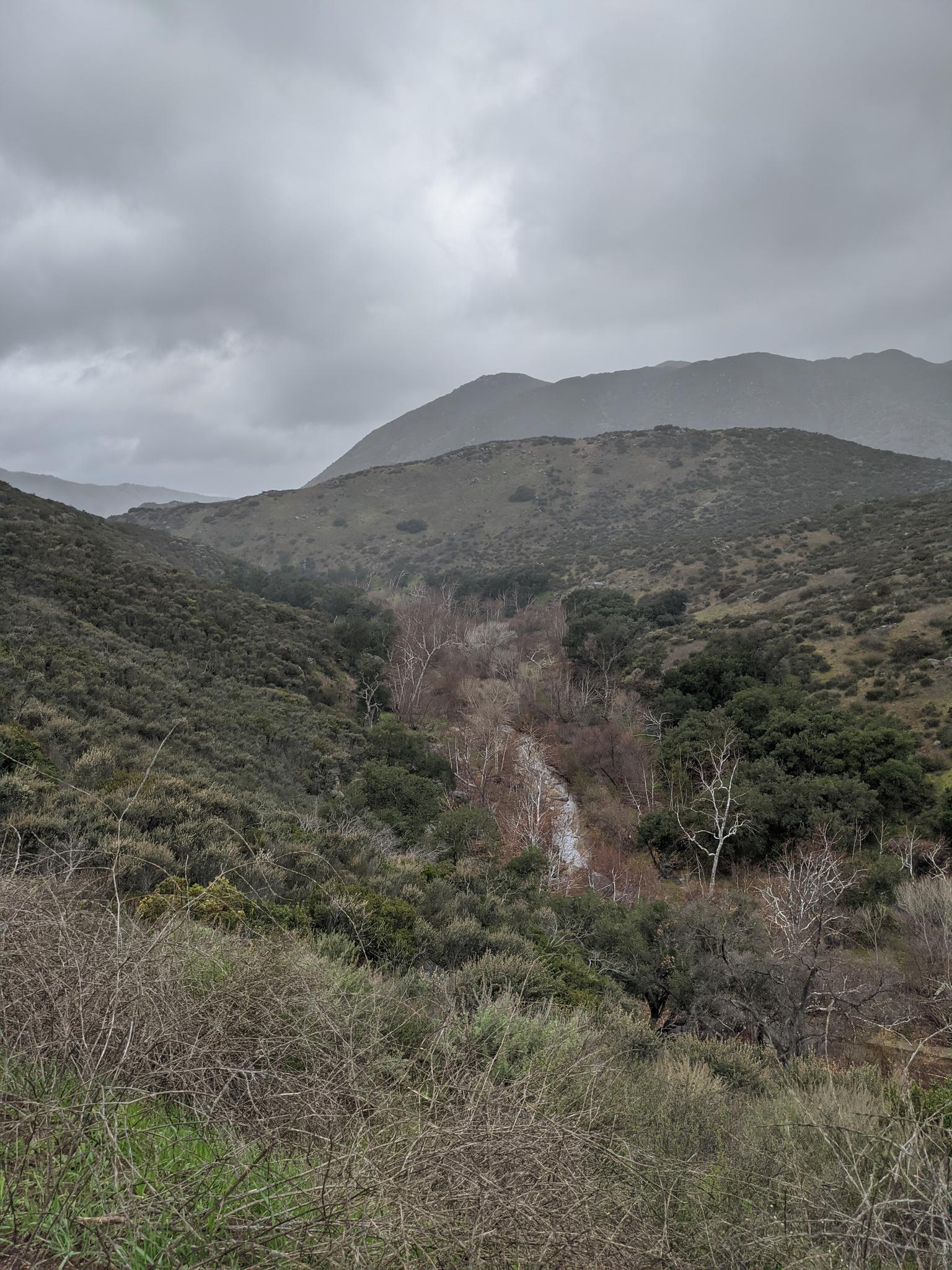 Overcast view of a green valley with a stream and distant hills.