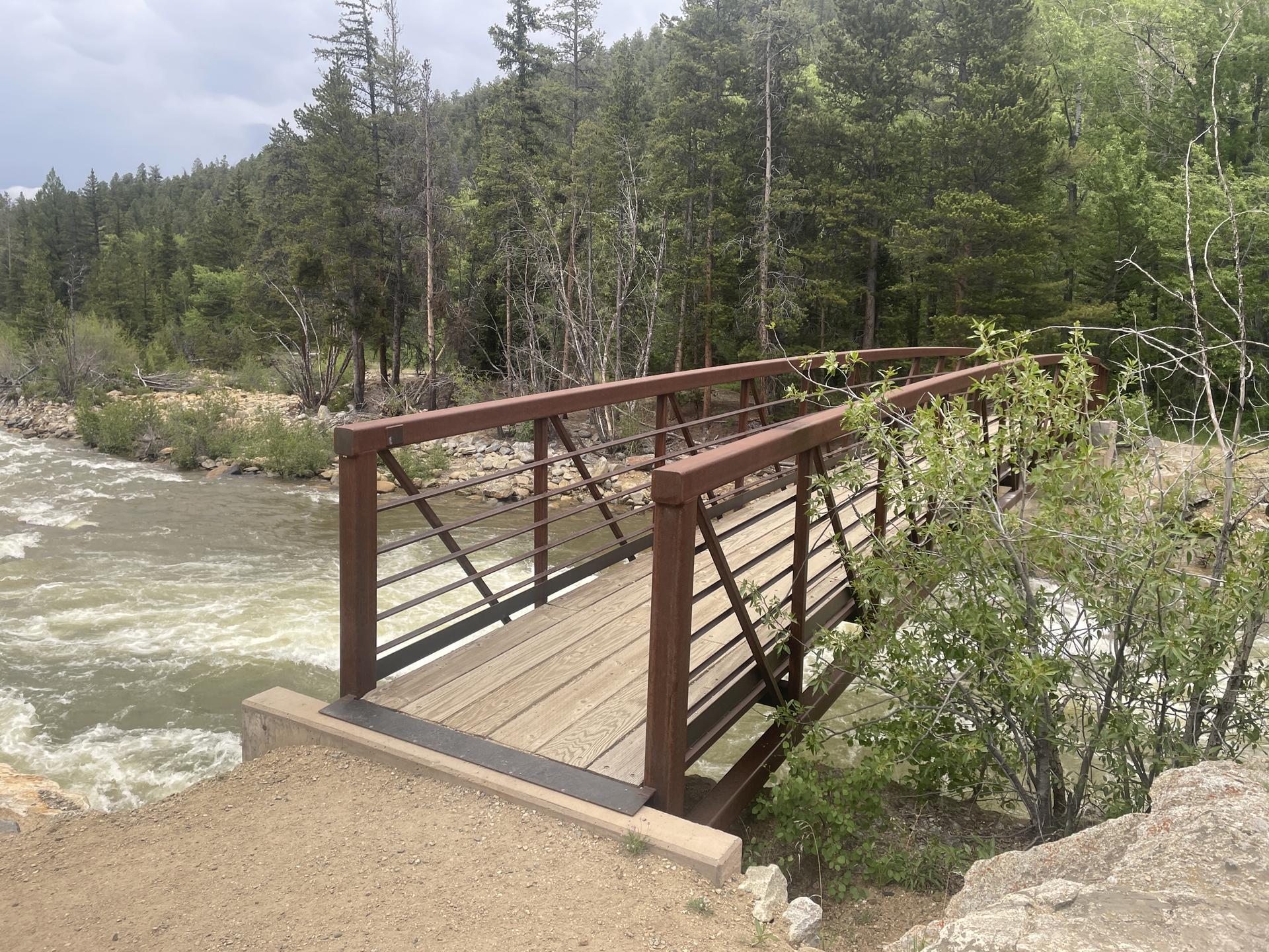 A sturdy metal bridge crosses a fast-flowing river in a forest.