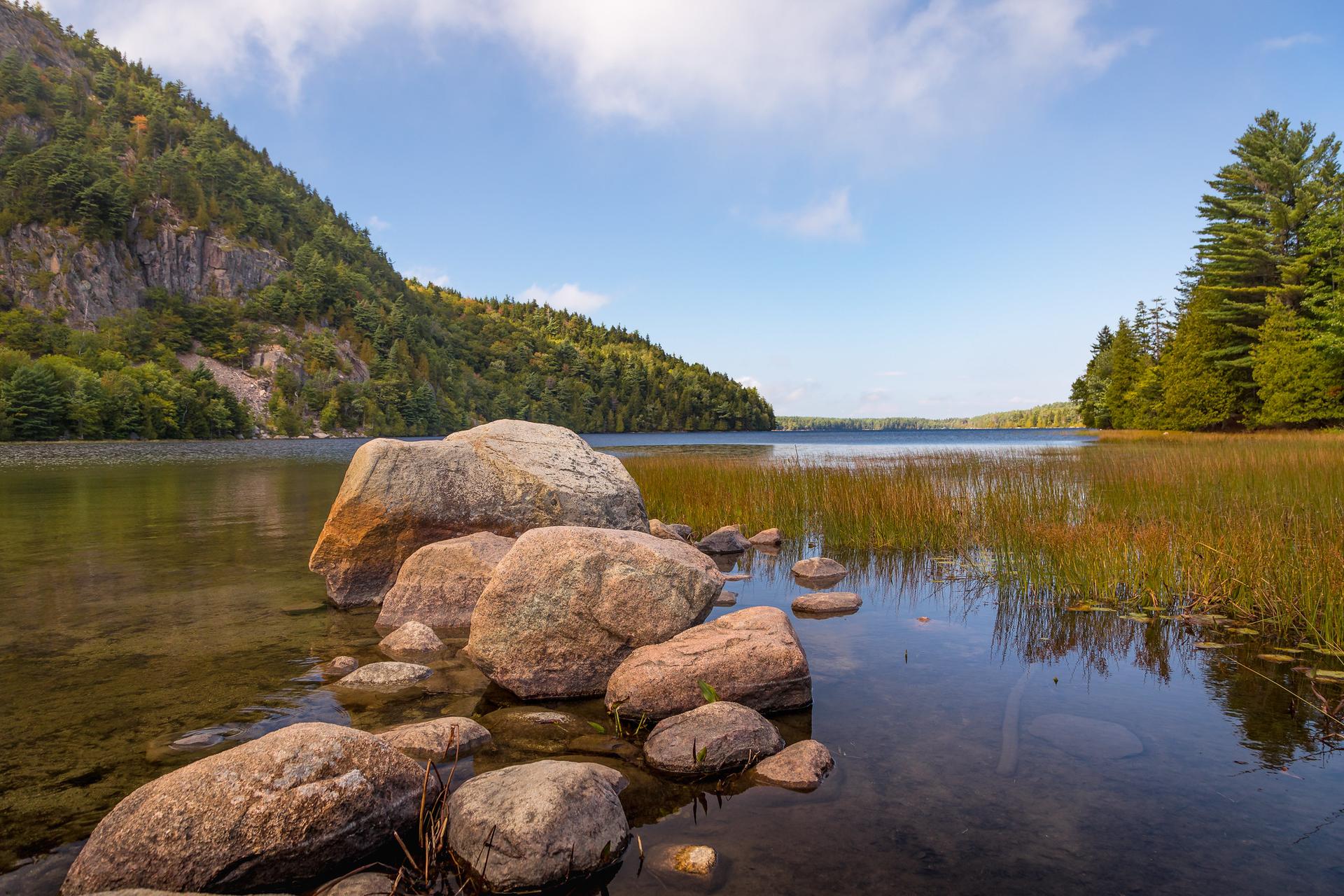 Sunny lake with rocks, tall grass, and forested hills under a blue sky.