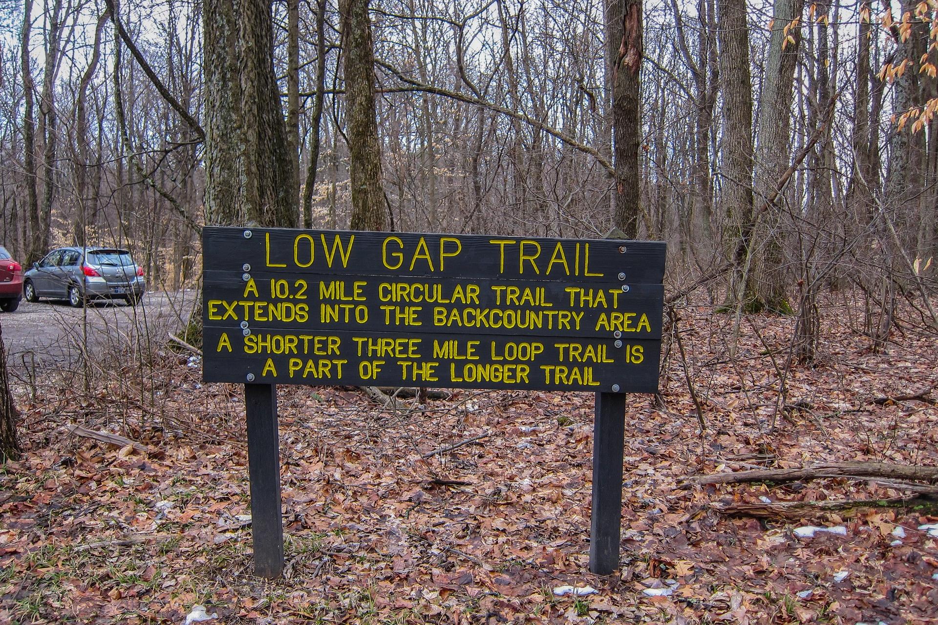 A dark wooden sign with yellow text stands in a winter forest with parked cars.