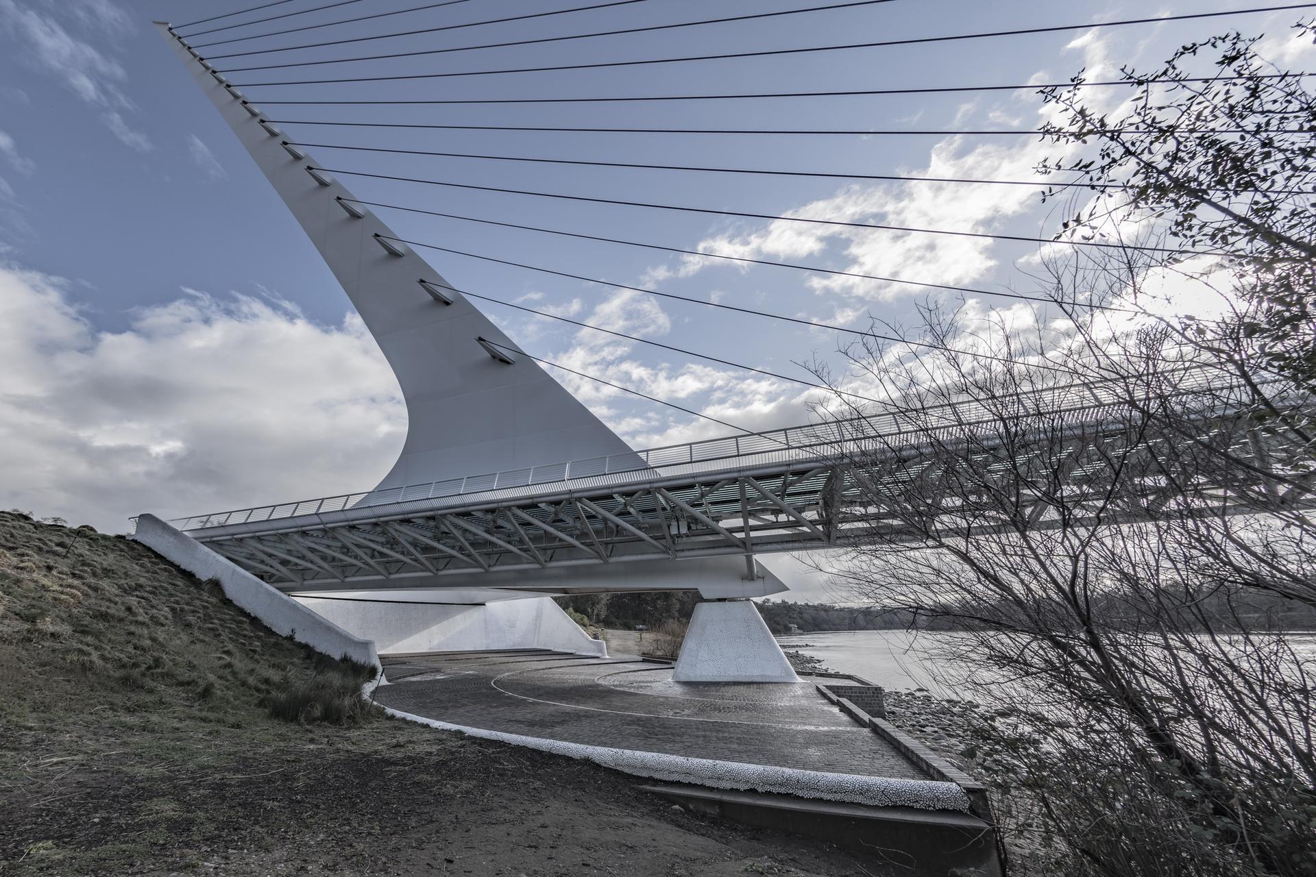 Modern white cable-stayed bridge spanning over water under a cloudy sky.