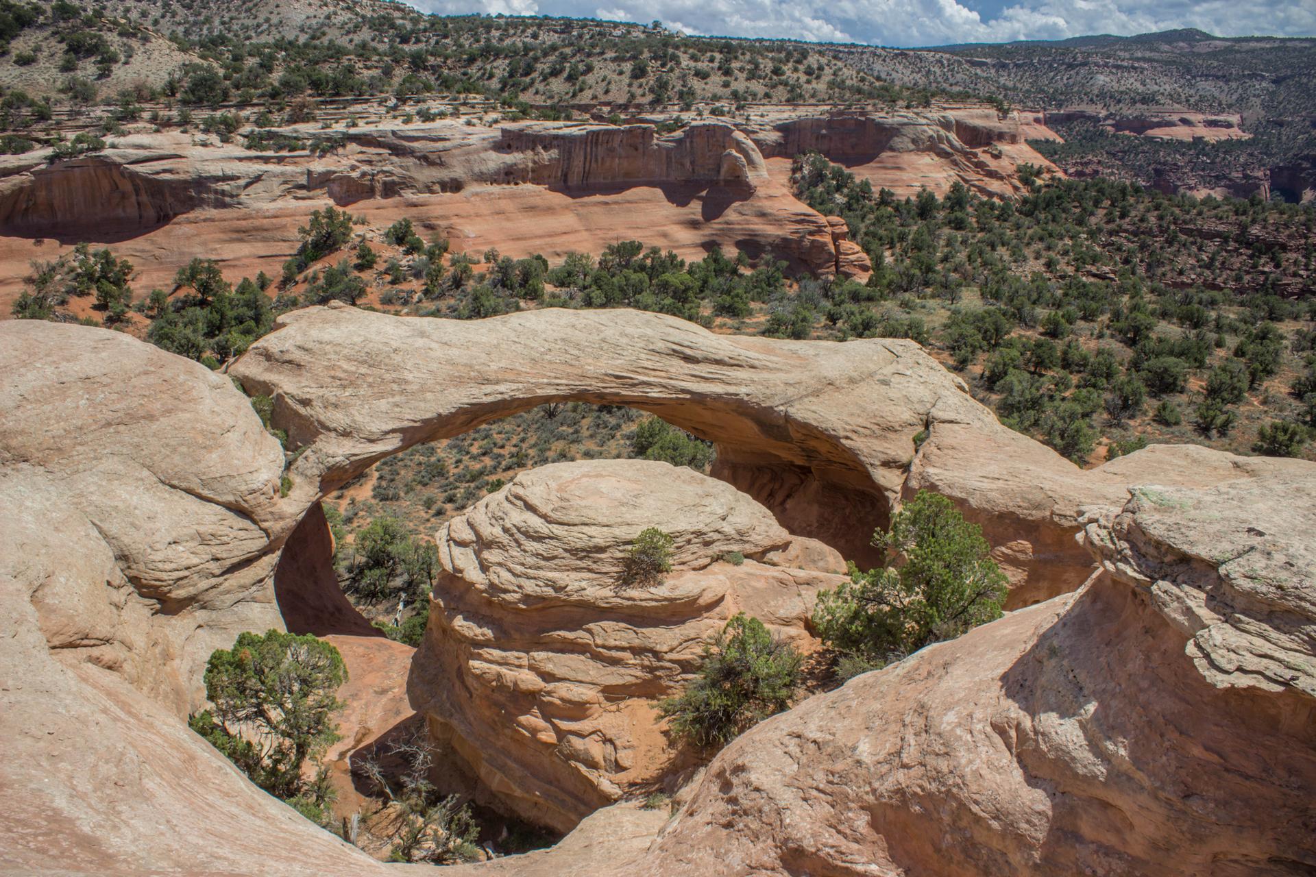 Complex natural rock arch formation overlooking a vast arid canyon landscape.
