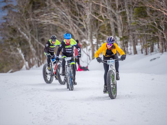 Group of fat bikers riding on a snow-covered trail through winter trees.