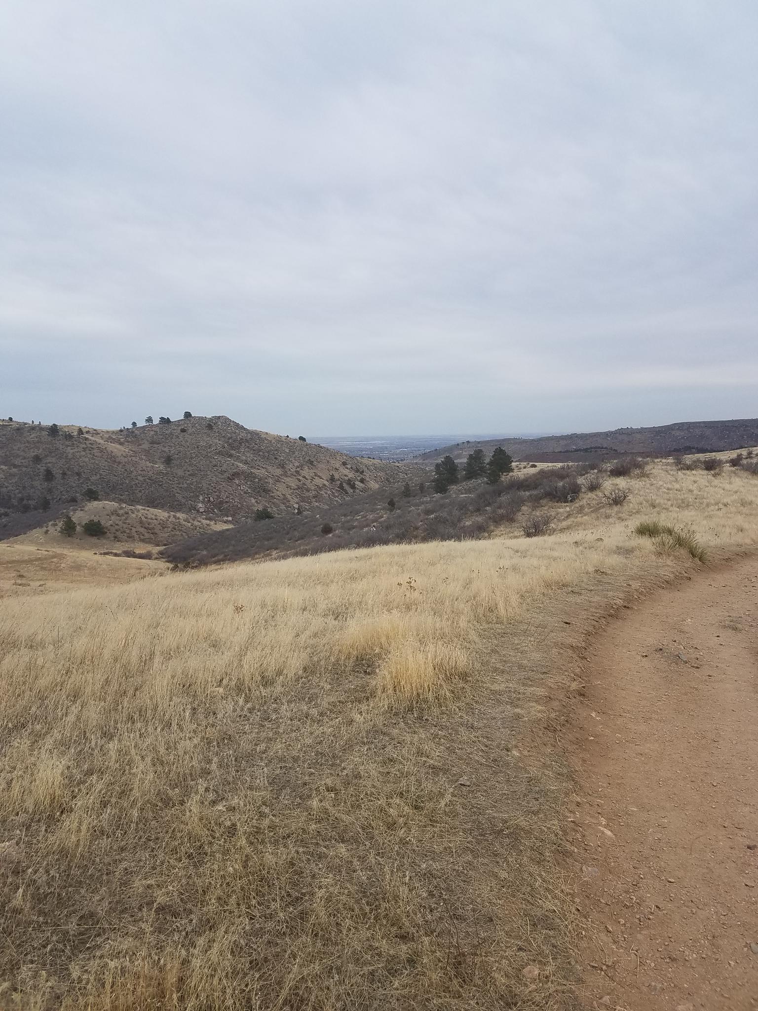 Dirt trail winding through dry grassy hills under an overcast sky.