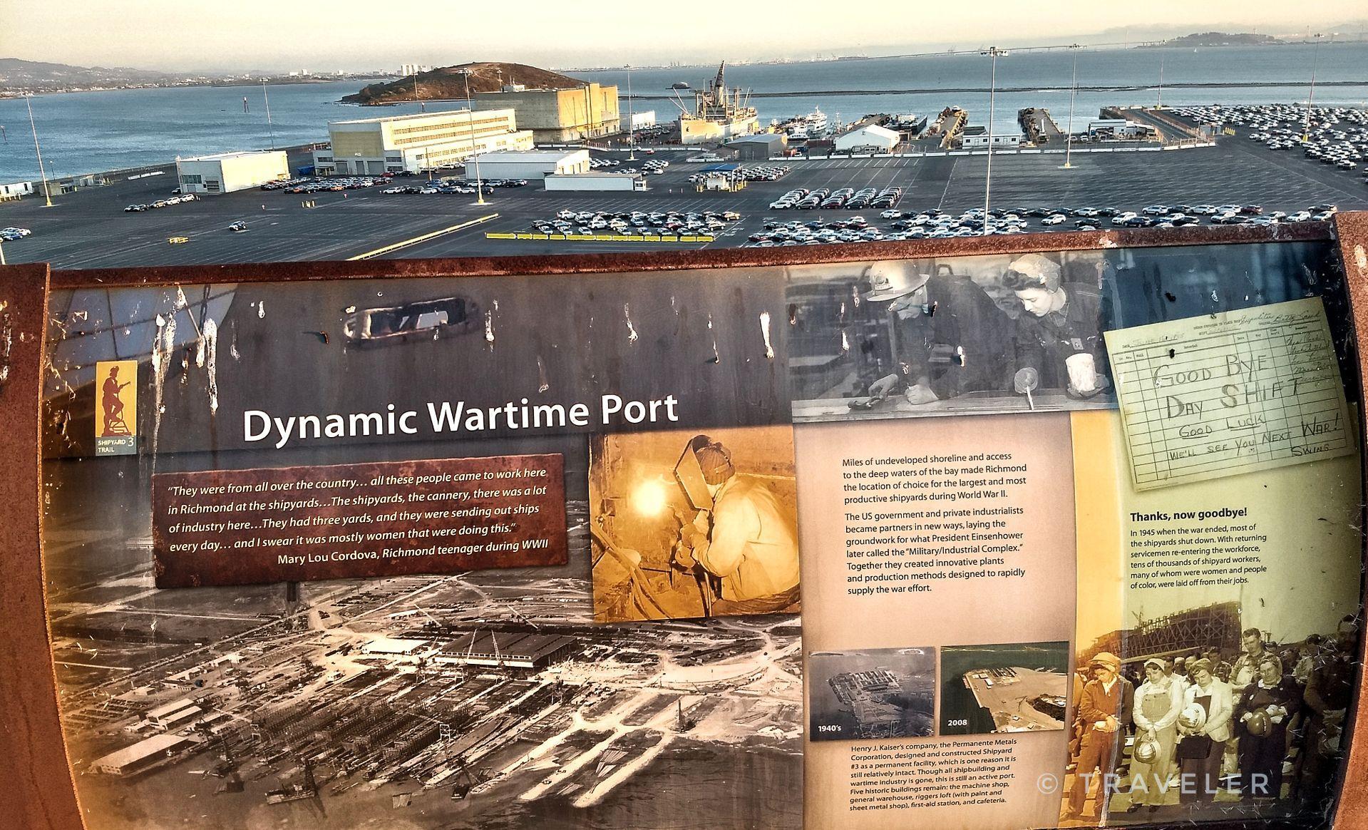 Informational display board about a port, with an industrial waterfront background.