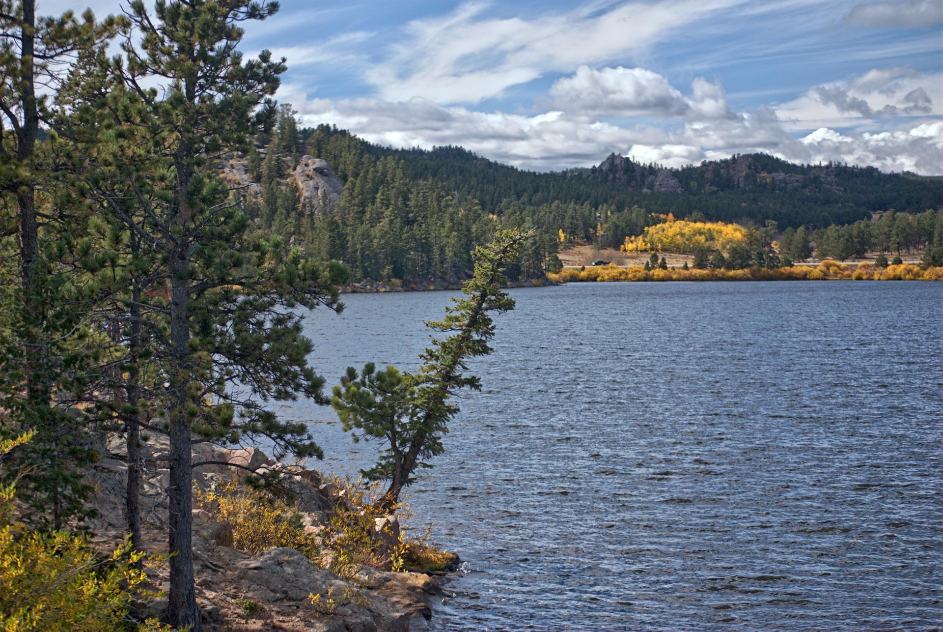 Pine trees on a rocky shore overlooking a lake with autumn foliage.