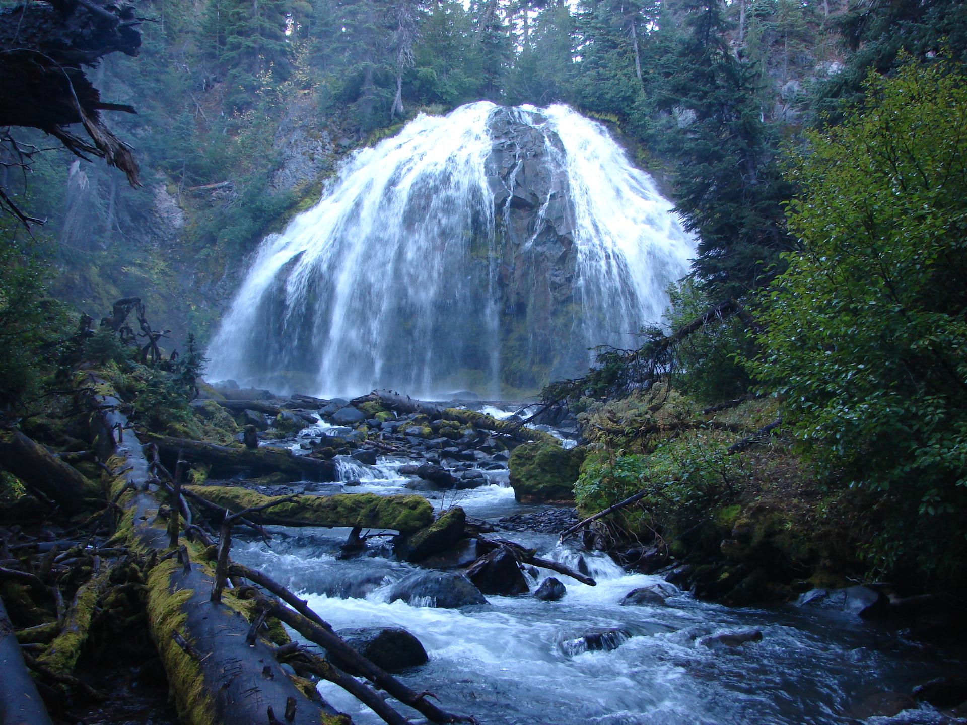 A wide waterfall cascades into a rocky river surrounded by dense forest.