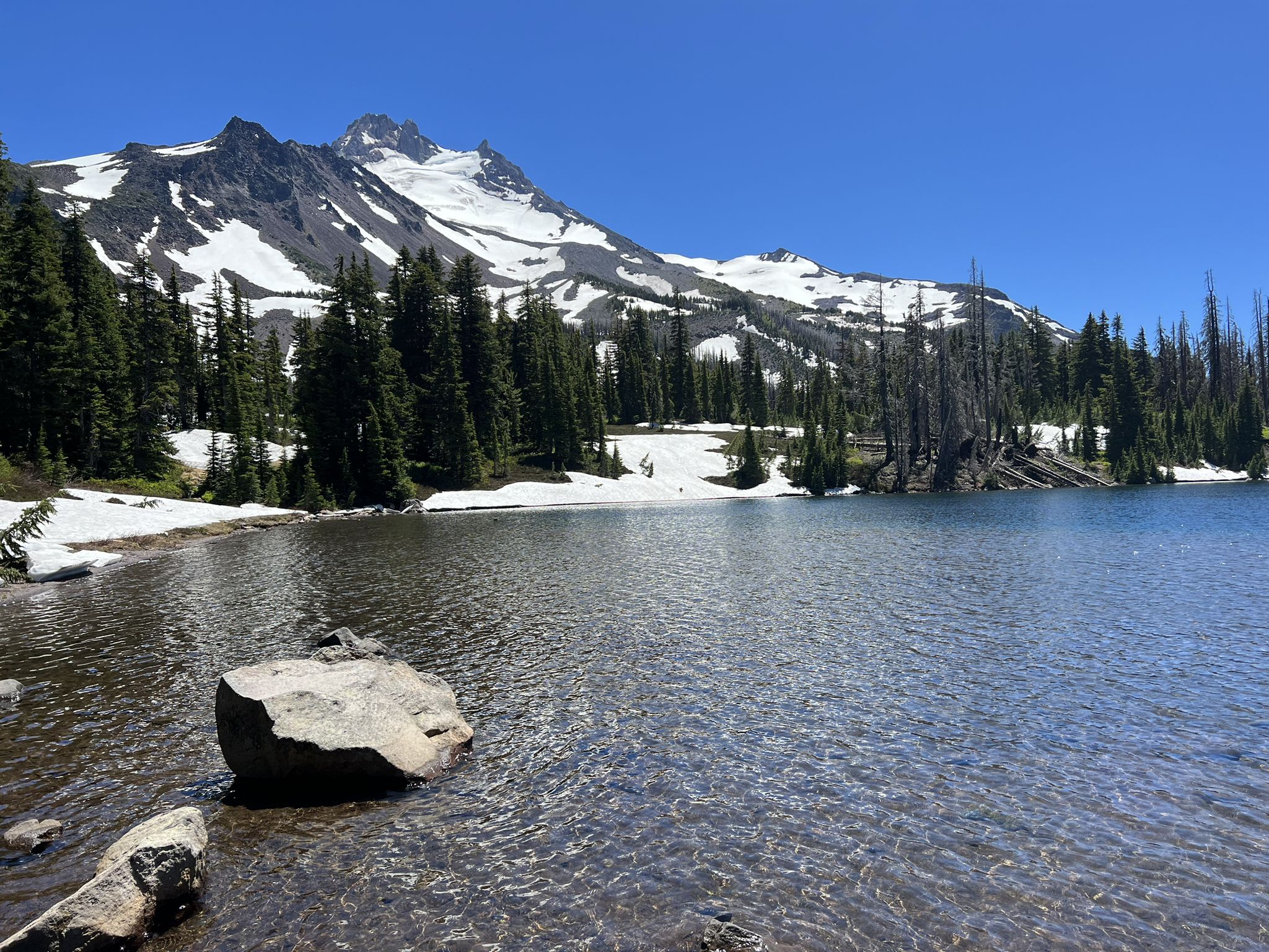 Clear lake with a snowy mountain and pine trees under bright sun. - Scout Lake via Pacific Crest Trail
