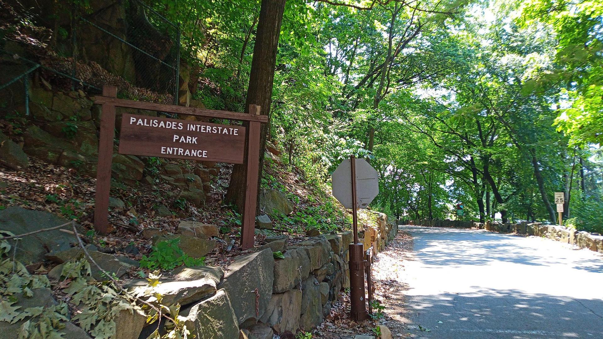 Wooden park entrance sign next to a paved road in a green forest.