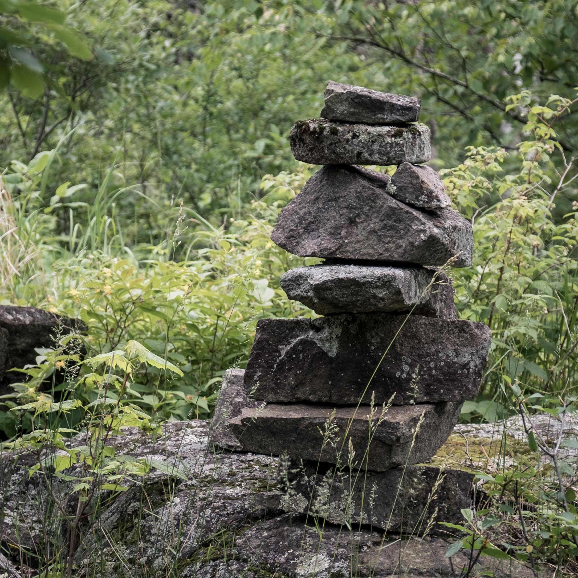 Stacked rocks (cairn) amidst lush green foliage under soft, natural light.