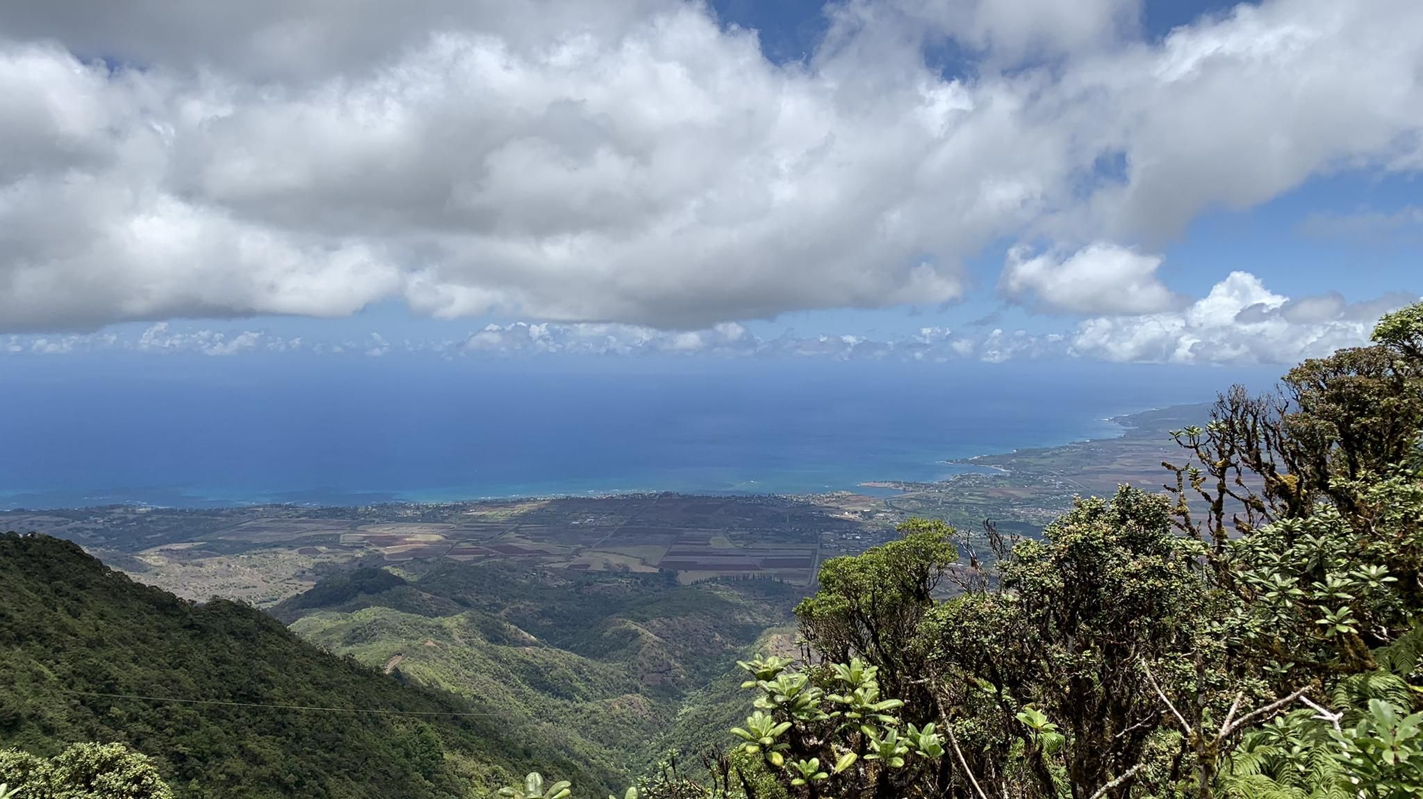 Expansive view of a blue ocean and green valley under cloudy skies. - Mount Ka'ala Trail