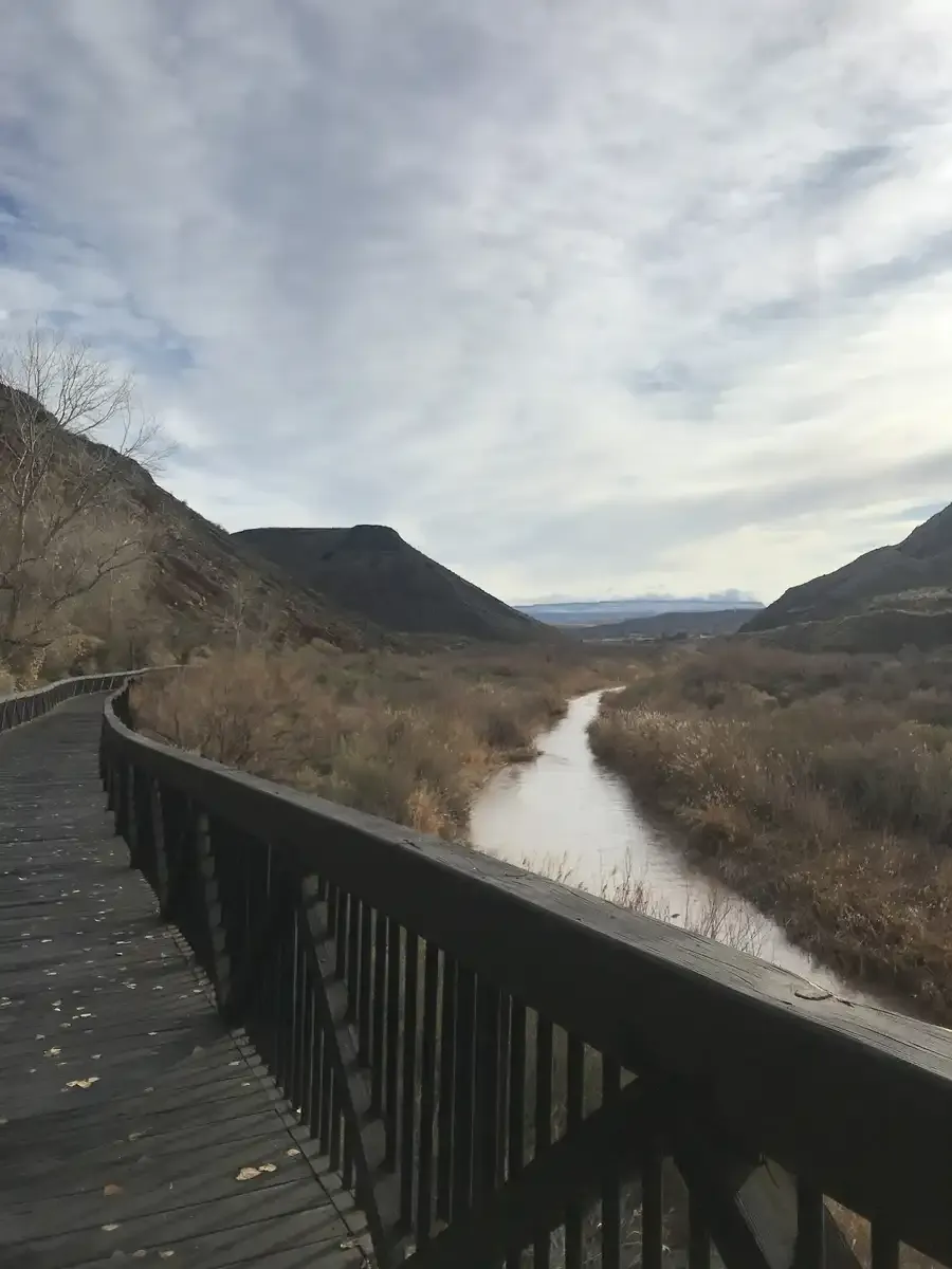 Wooden boardwalk curves alongside a river in a valley under an overcast sky. - Virgin River Trail