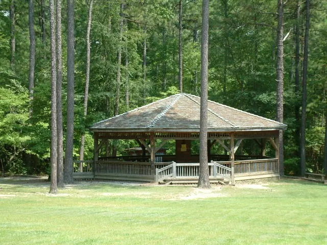 Wooden gazebo in a sunny clearing surrounded by tall pine trees. - Harbison State Forest – Harbison State Forest loop from Harbison State Forest