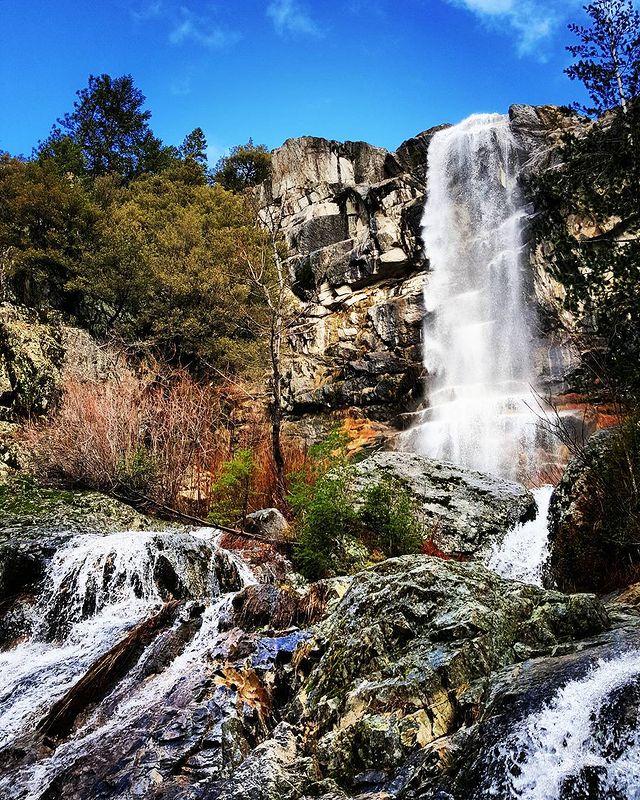 A powerful waterfall cascades down a rocky cliff into a stream, surrounded by trees.