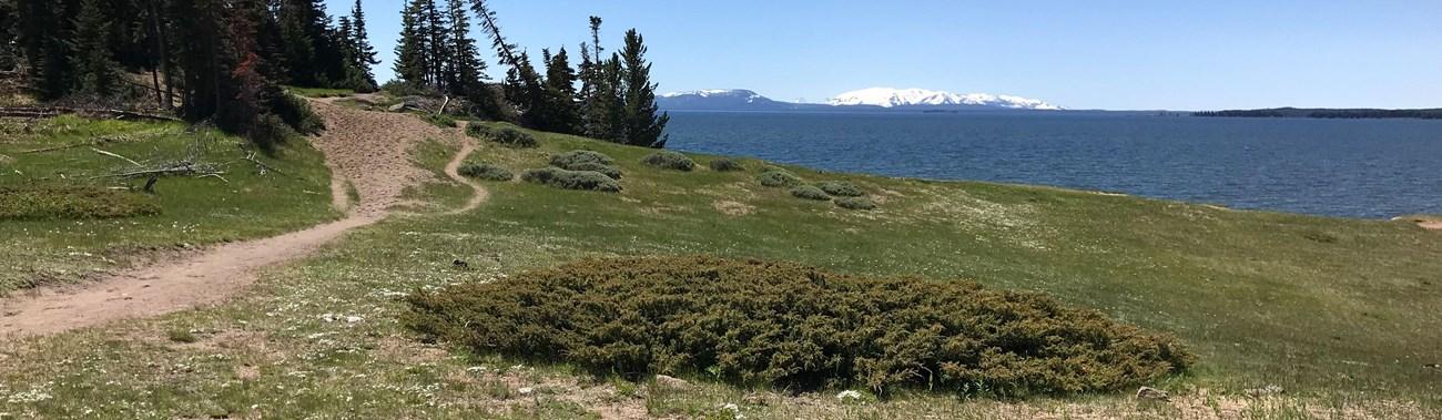 Winding dirt path on a grassy hill overlooking a large lake.