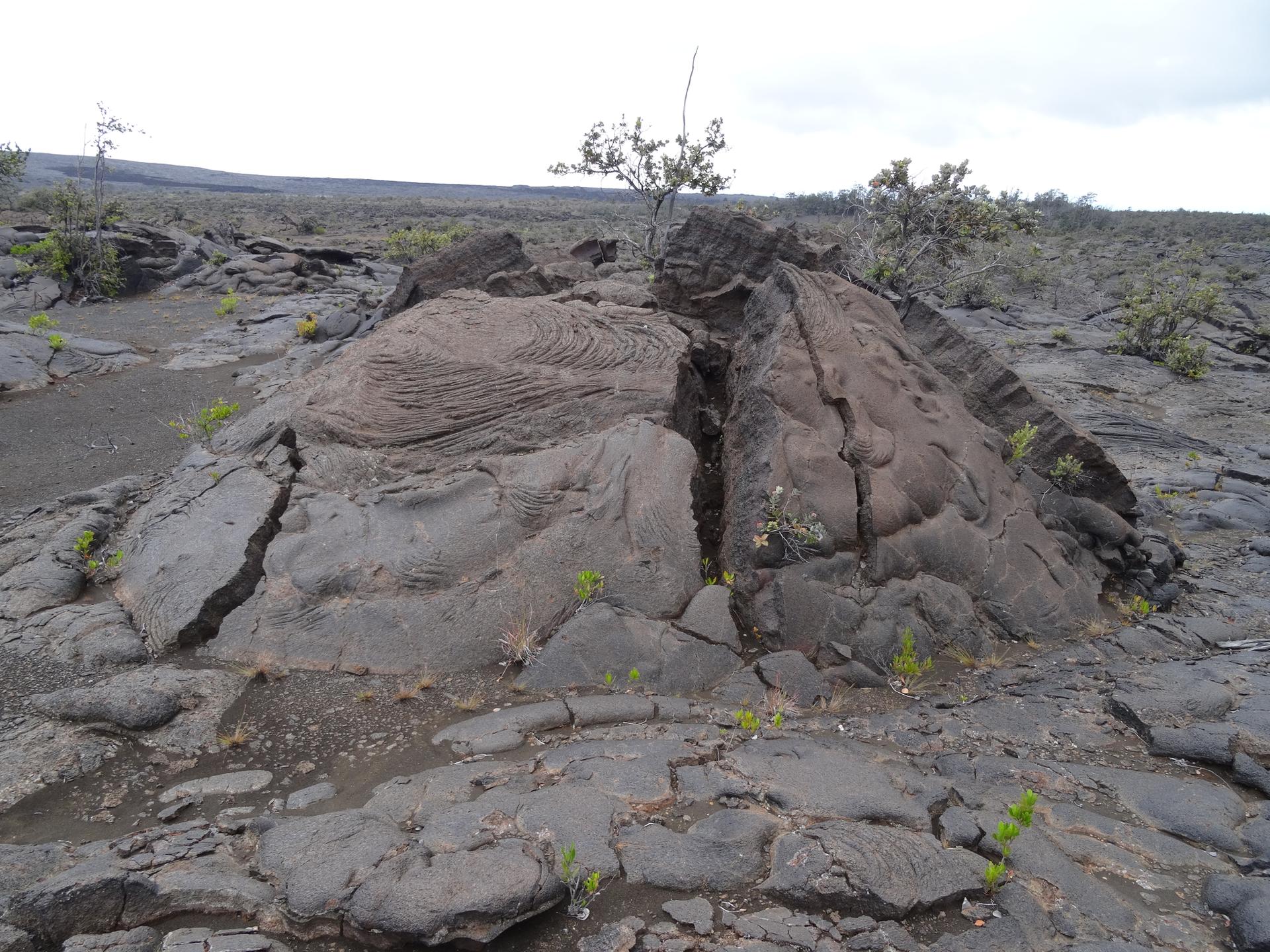 Large, cracked volcanic rock formation on barren ground with sparse plants.