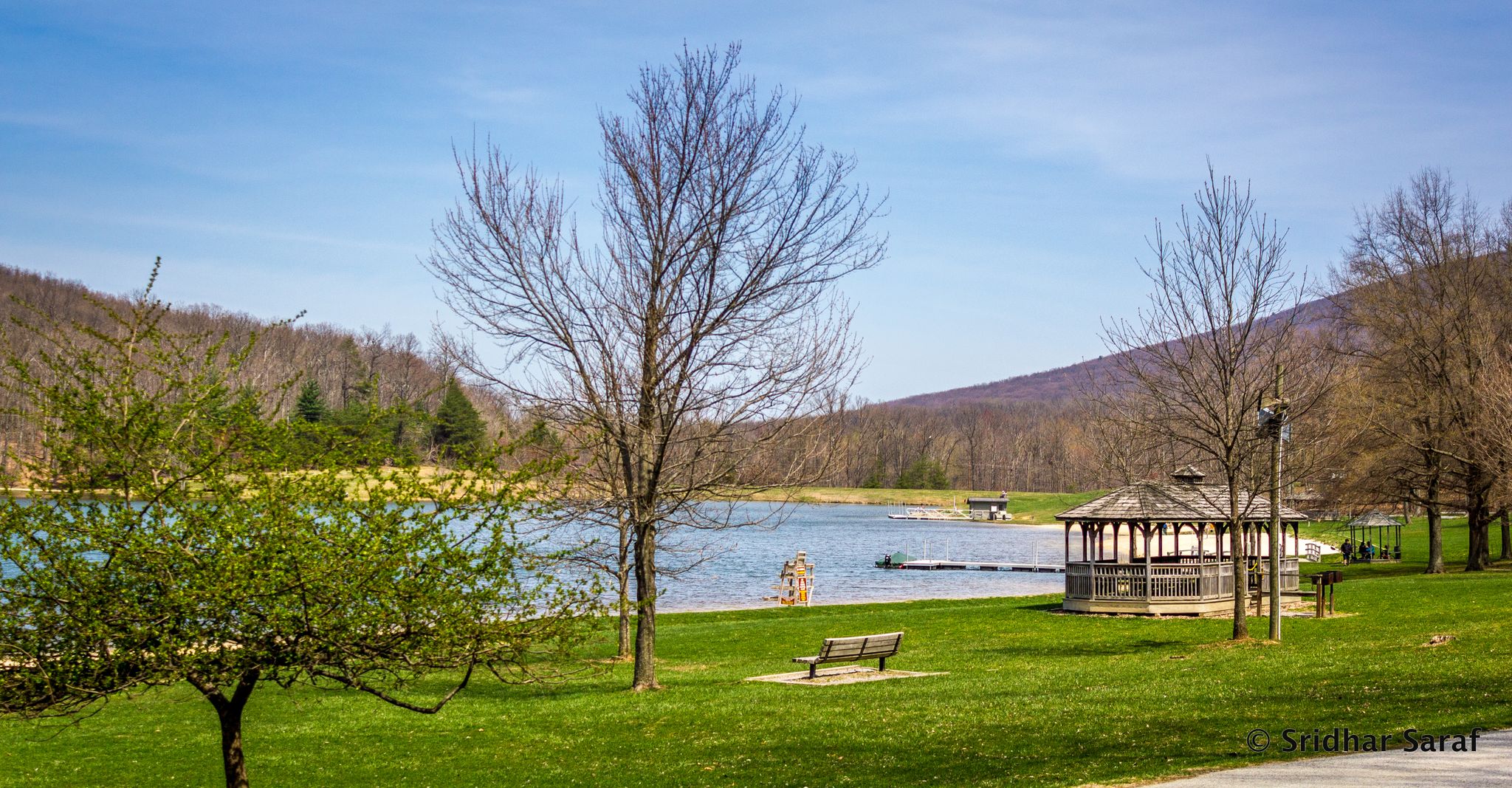 Grassy park with bare trees, a gazebo, and a lake under a blue sky. - Greenbrier Lake loop from Greenbrier State Park