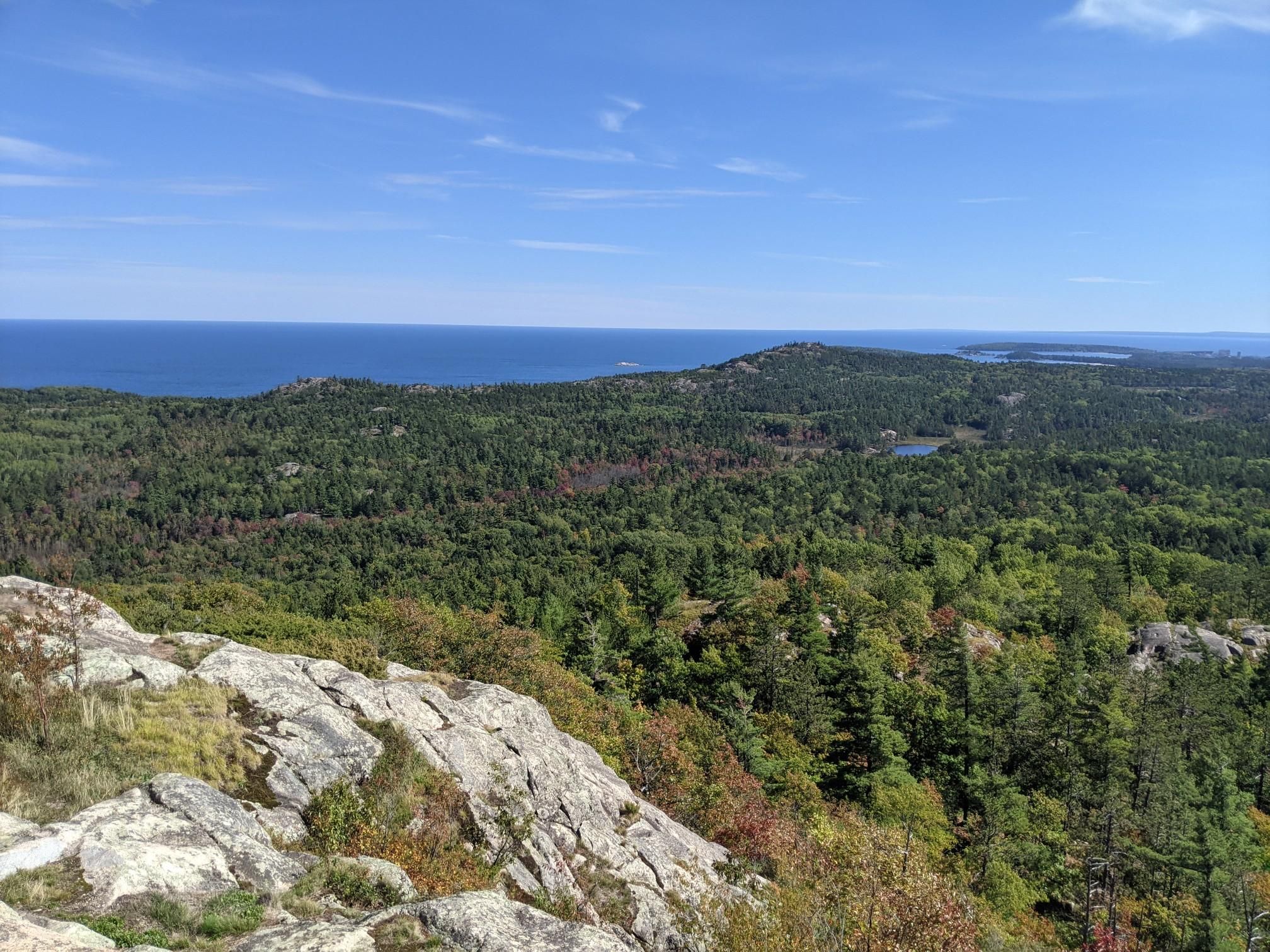 Panoramic view from a rocky outcrop overlooking a dense forest and distant ocean. - Hogback Mountain