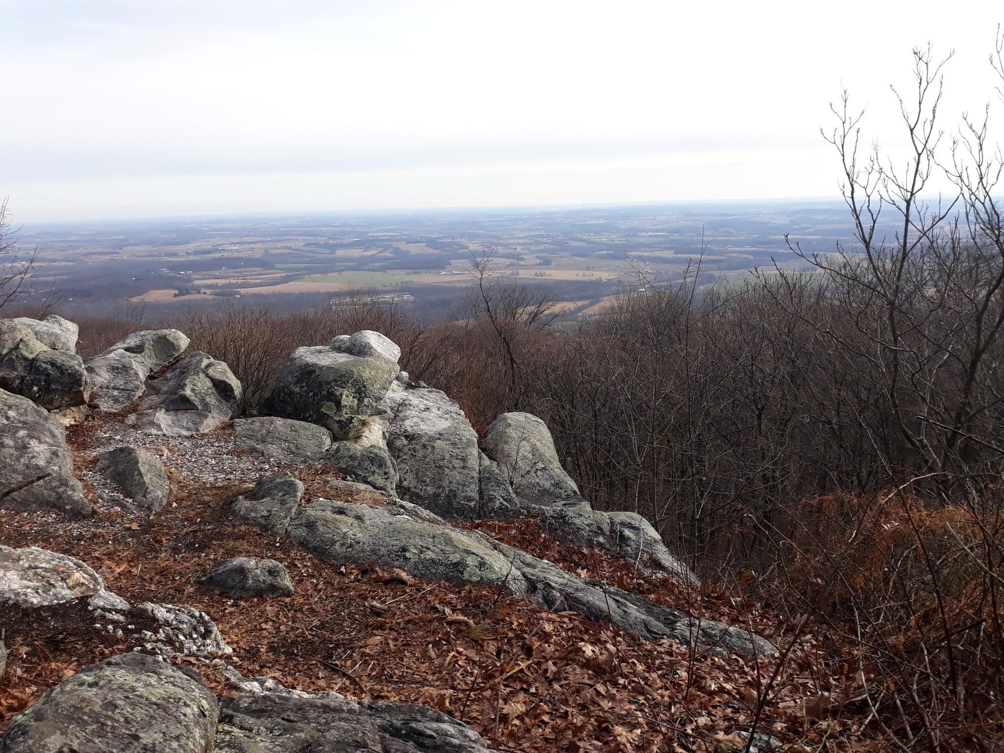 Rocky outcrop overlooks a vast, hazy valley under an overcast sky. - Cunningham Falls Manor to White Rock via Catoctin Trail