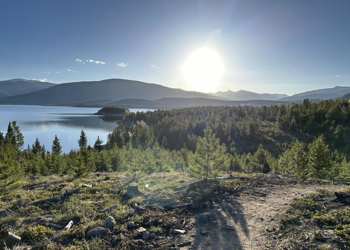 Bright sun over a large lake, dense forest, and distant mountains.