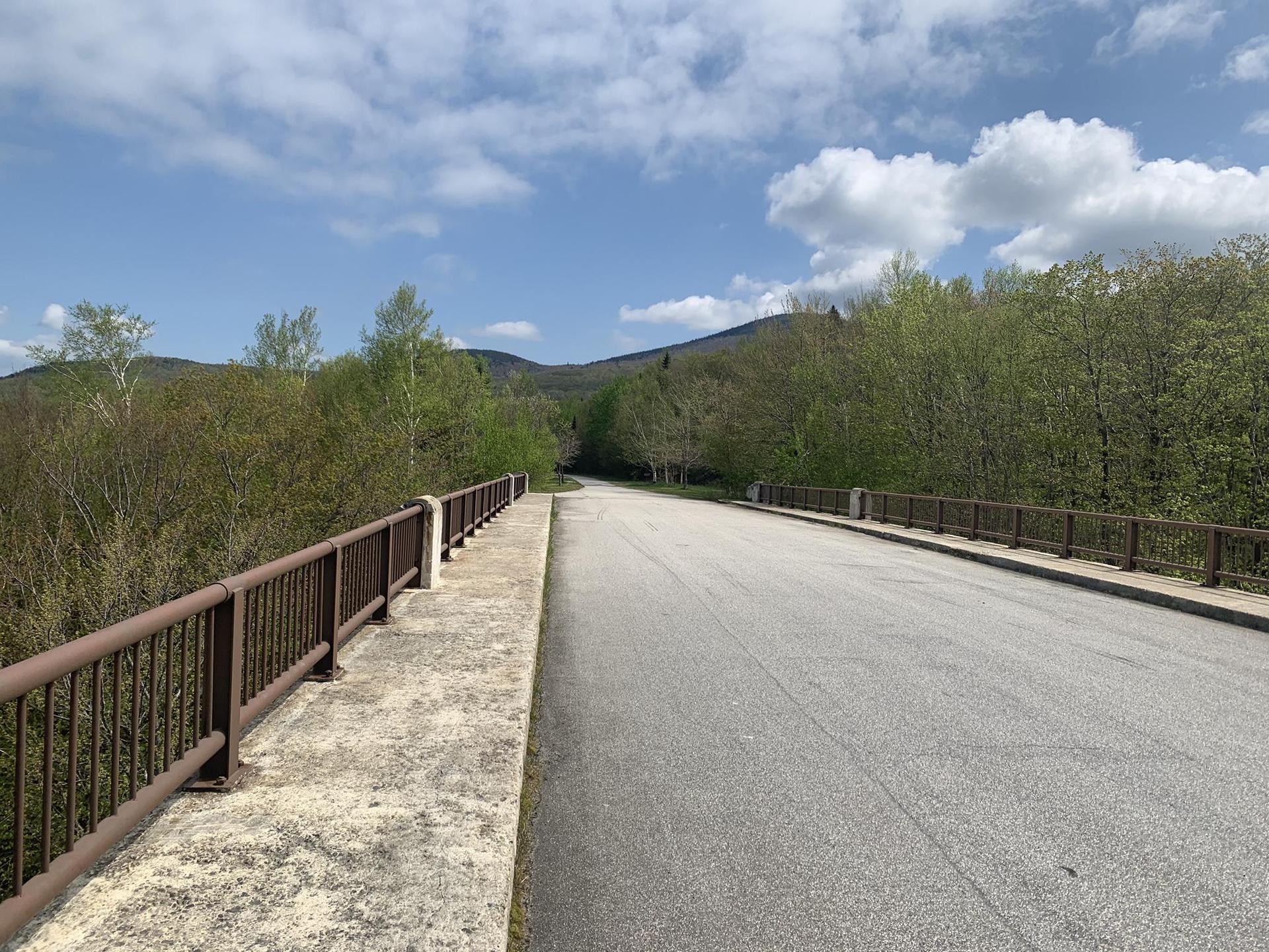 Paved road on bridge, green trees, mountains, bright sky with clouds.