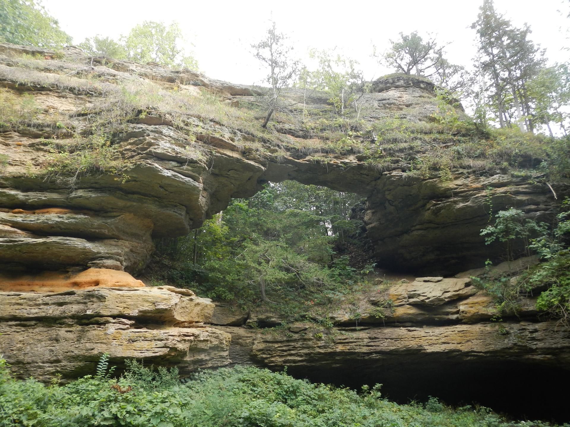 Large natural rock arch in a cliff face with green trees.