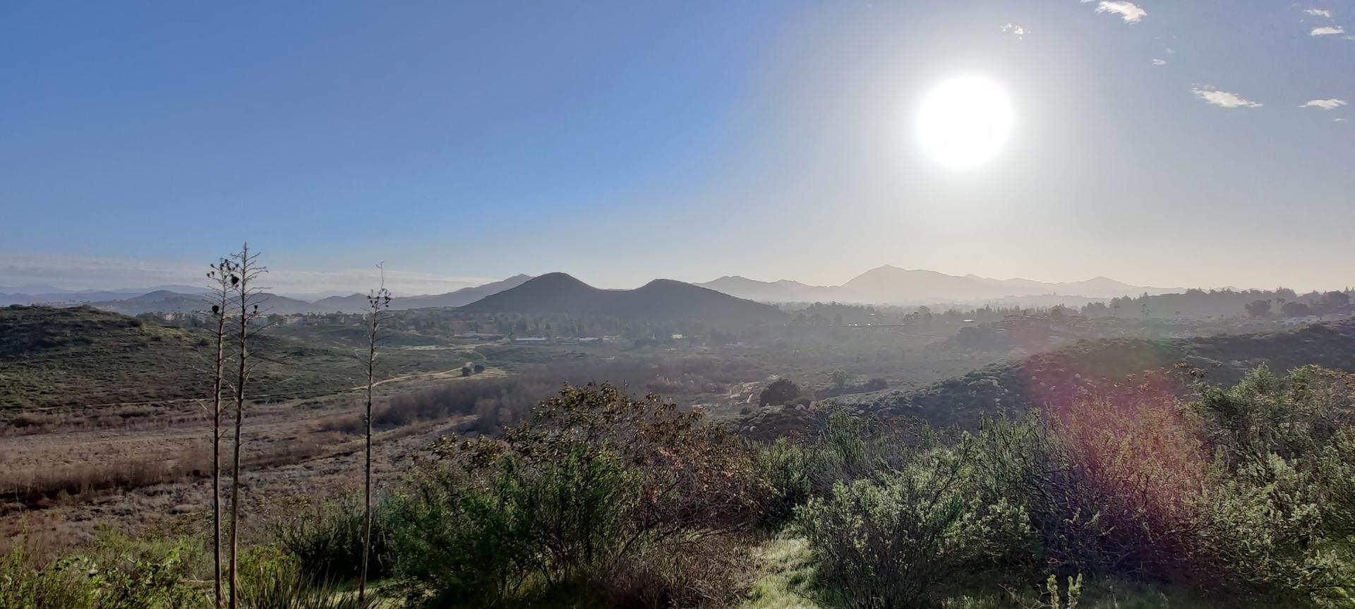 Sunny panoramic landscape with rolling hills and brush under a bright sun.