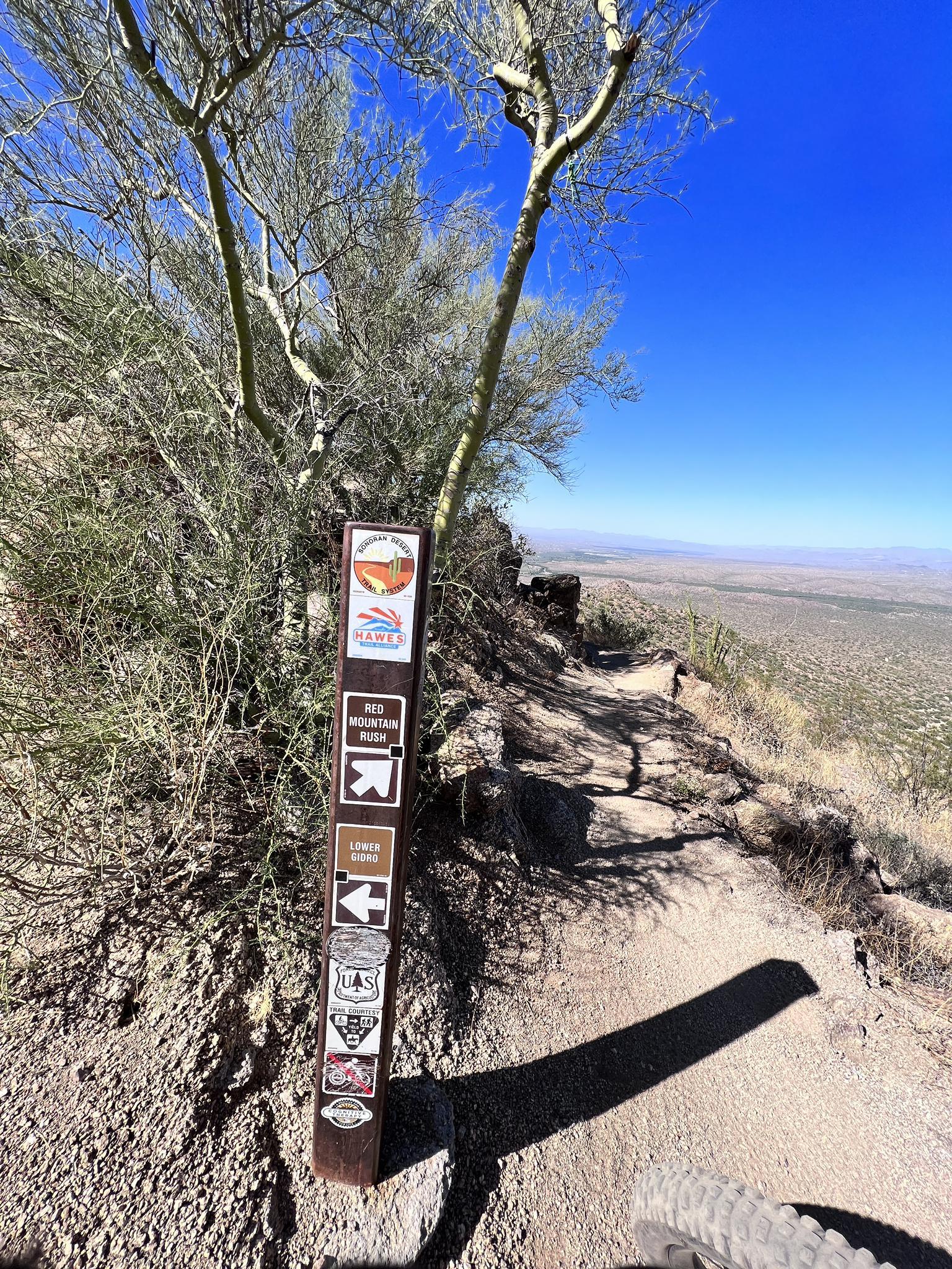 A trail marker post beside a dirt path under a bright, sunny sky.