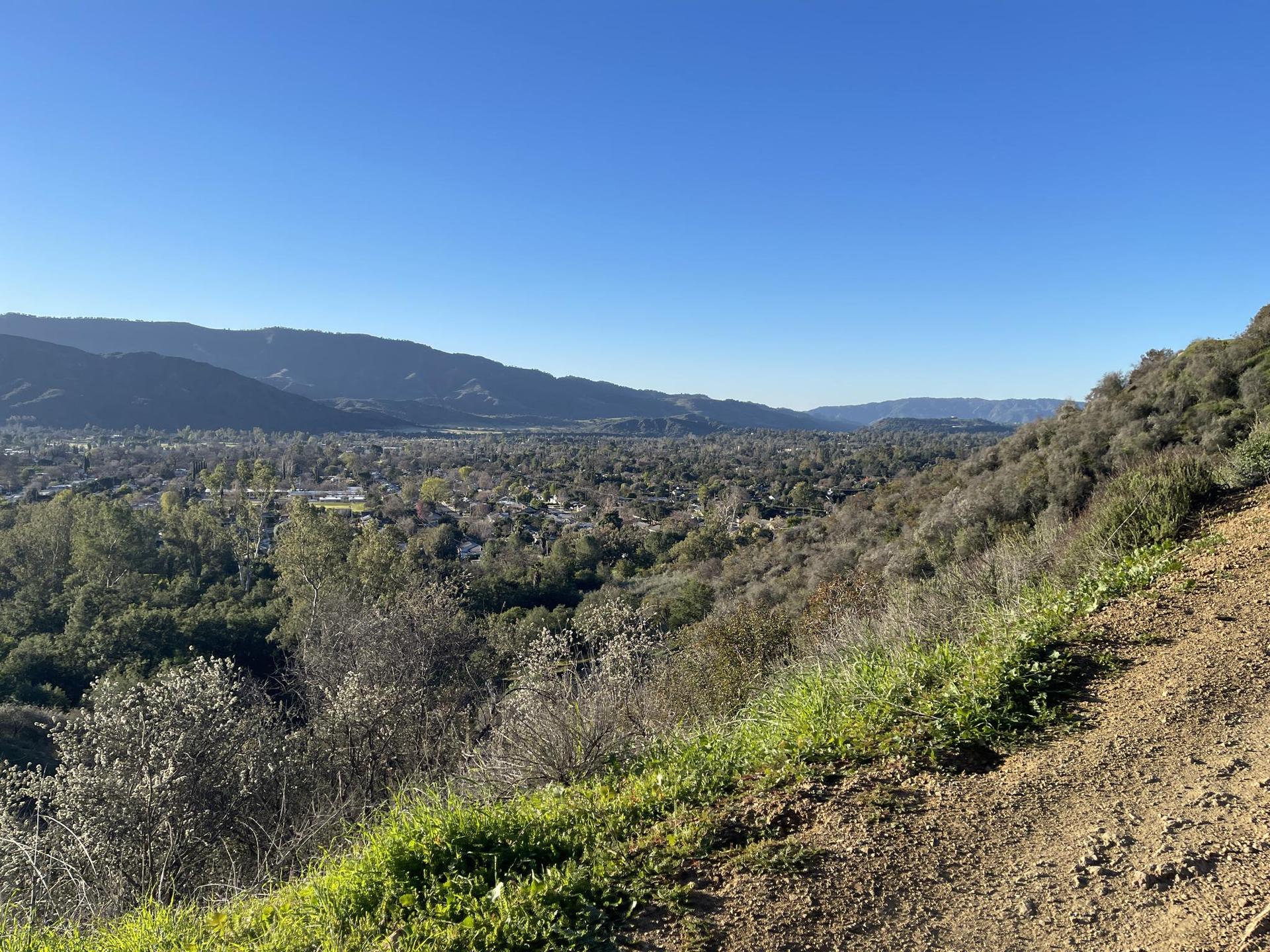 Overlook of a town and valley from a grassy hillside on a clear day.