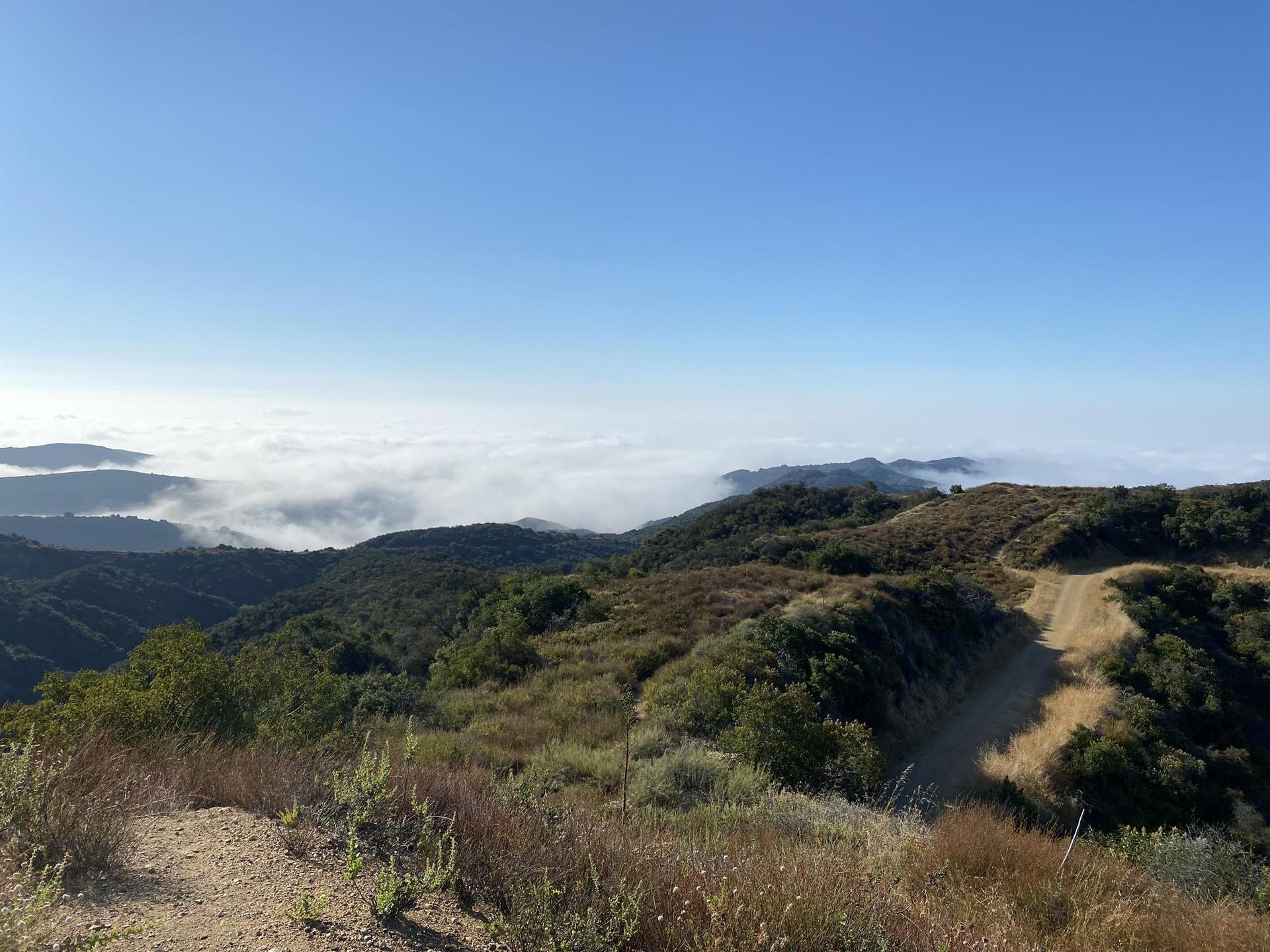 A mountain landscape with a dirt road, overlooking a valley filled with low clouds.