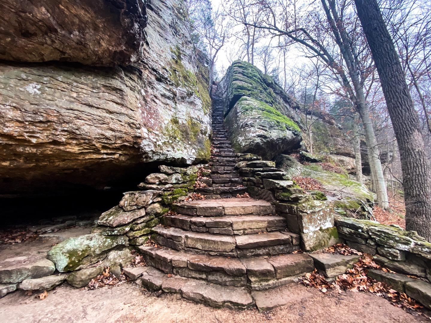 Stone steps ascend between mossy rock formations and bare trees on an overcast day.