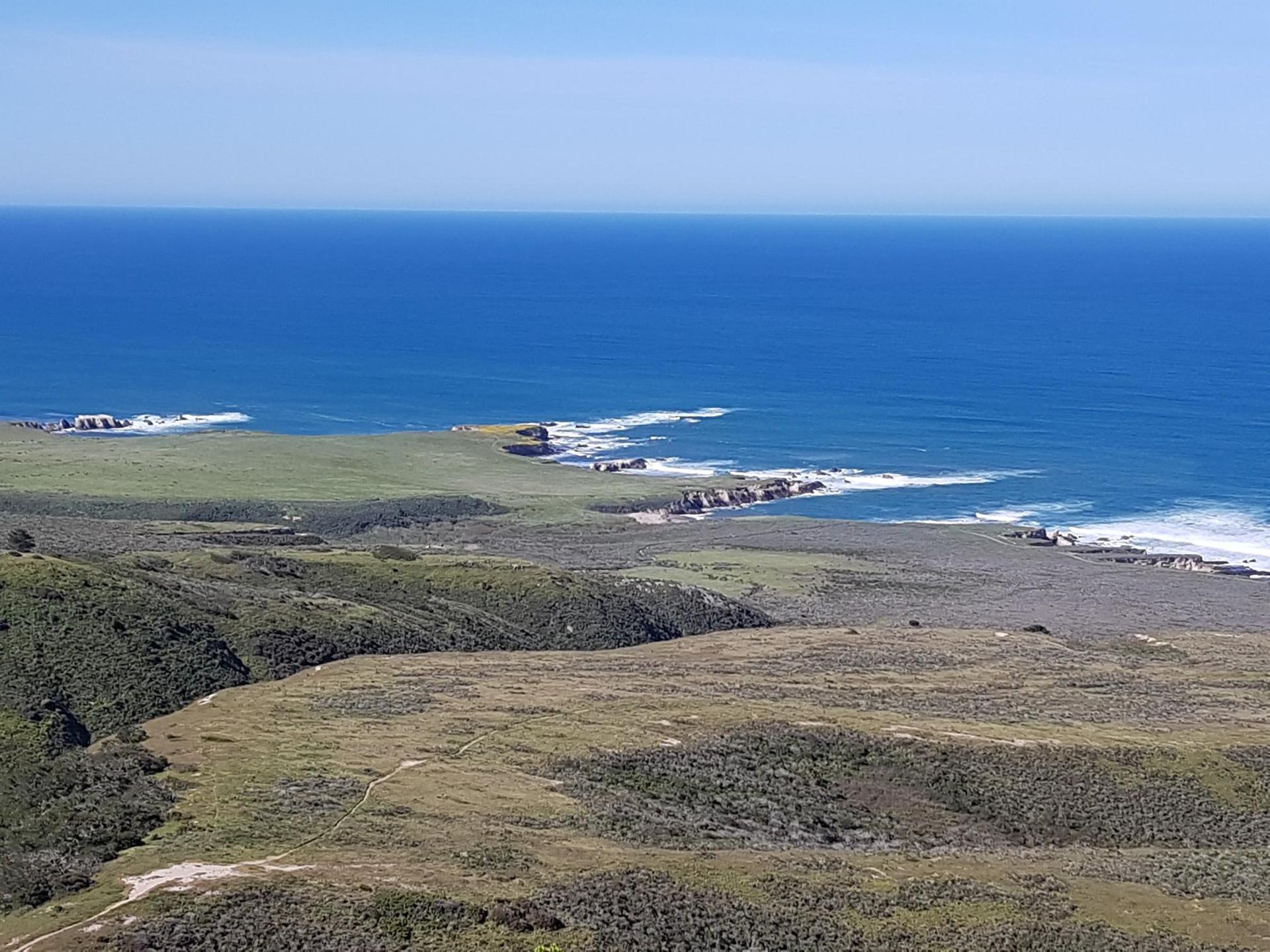 Aerial view of a rugged coastline with green hills and blue ocean.