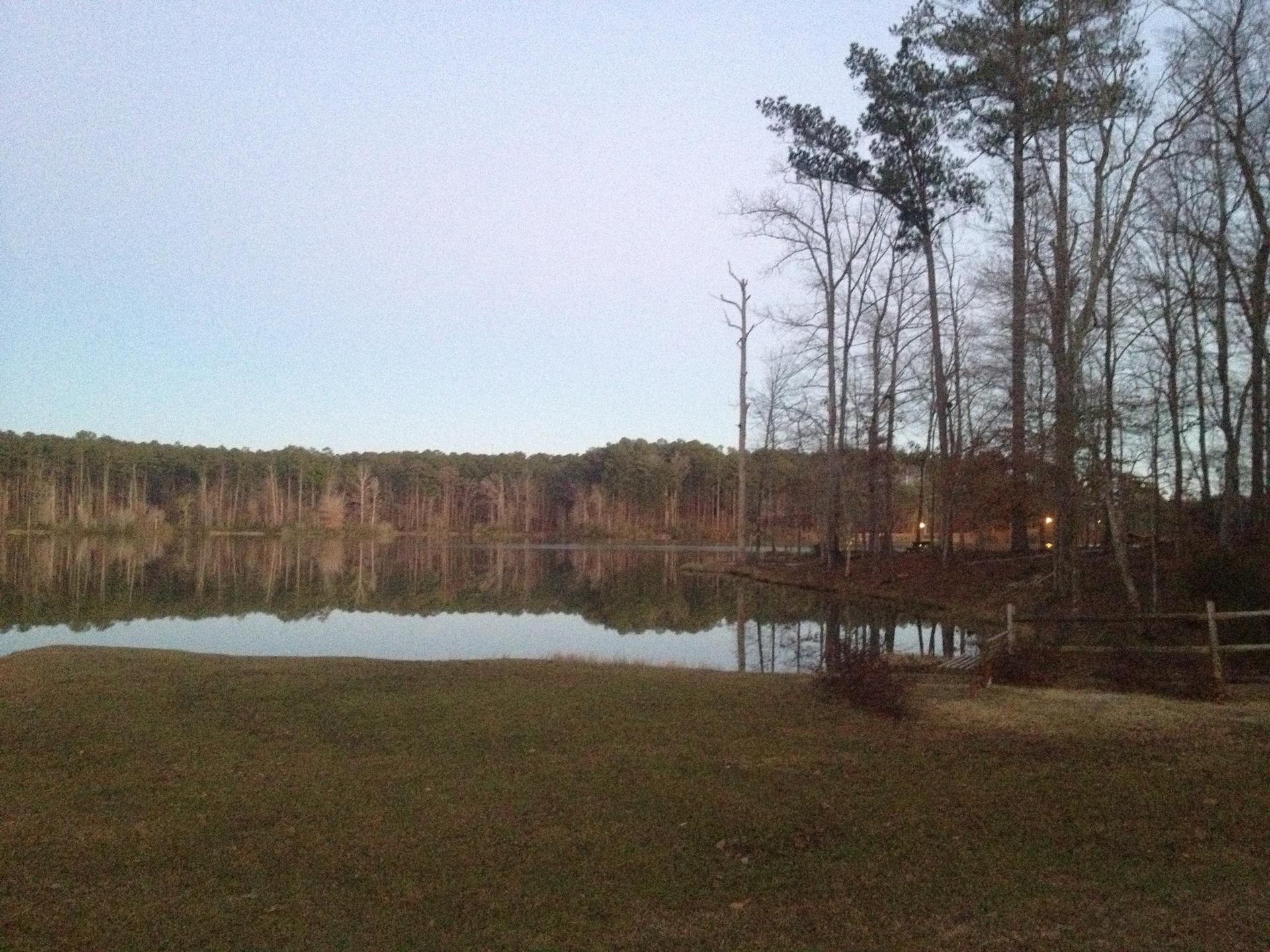 Calm lake reflecting bare trees and forest under an overcast sky.
