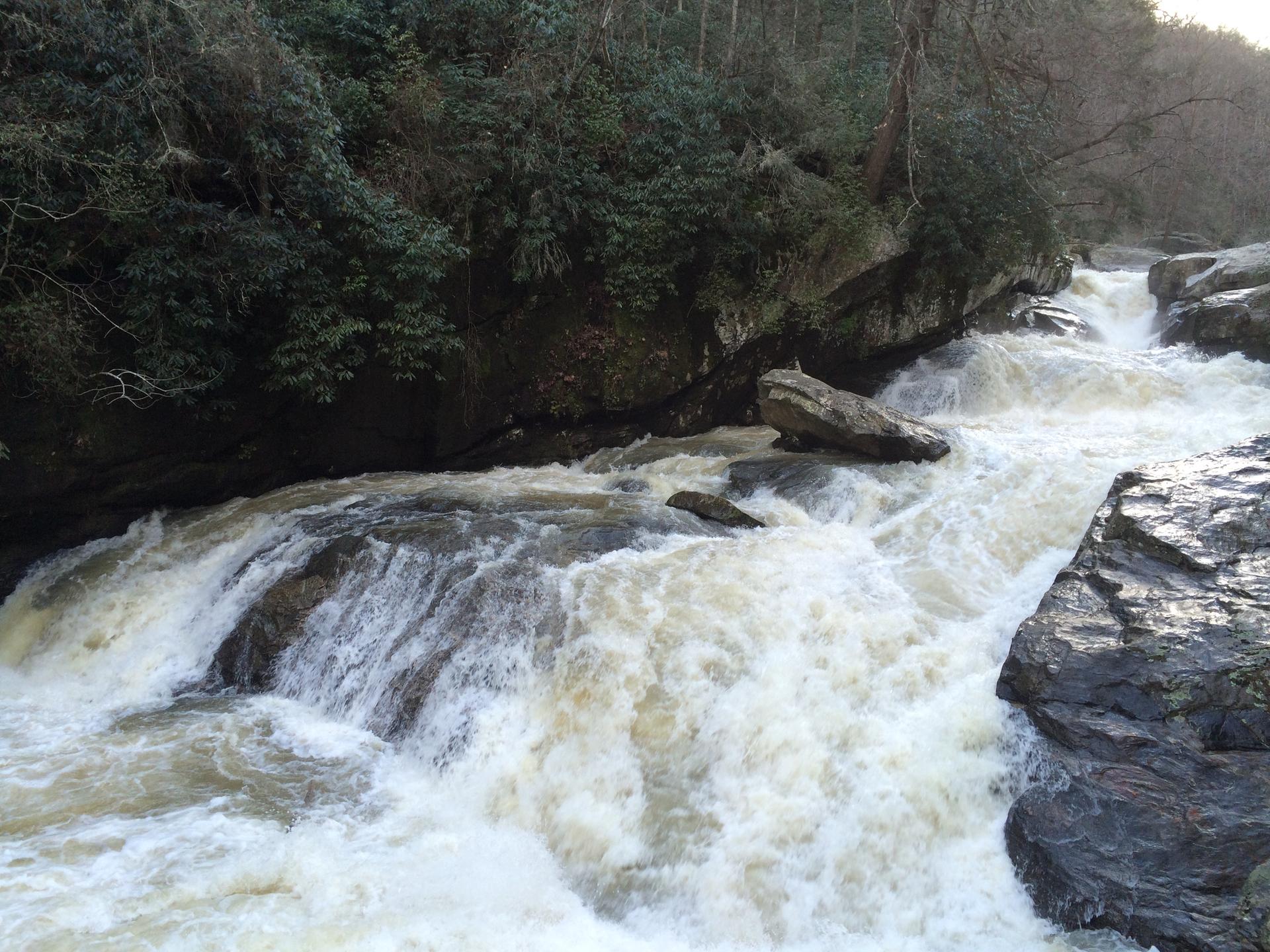 Rushing whitewater river flows between rocky, tree-lined banks under natural light.