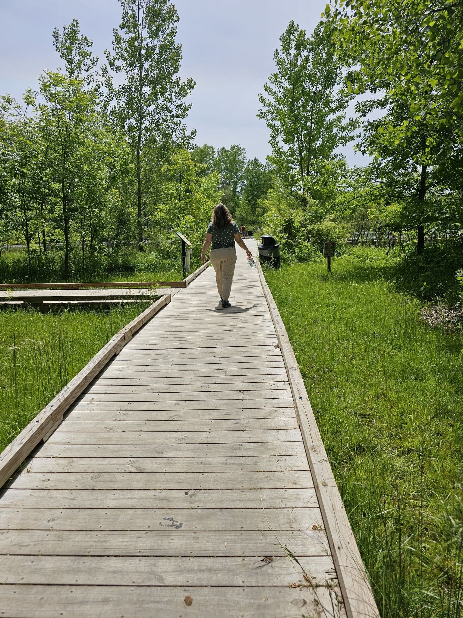 Person walks on a wooden boardwalk through a sunny, grassy landscape. - Dublin Path