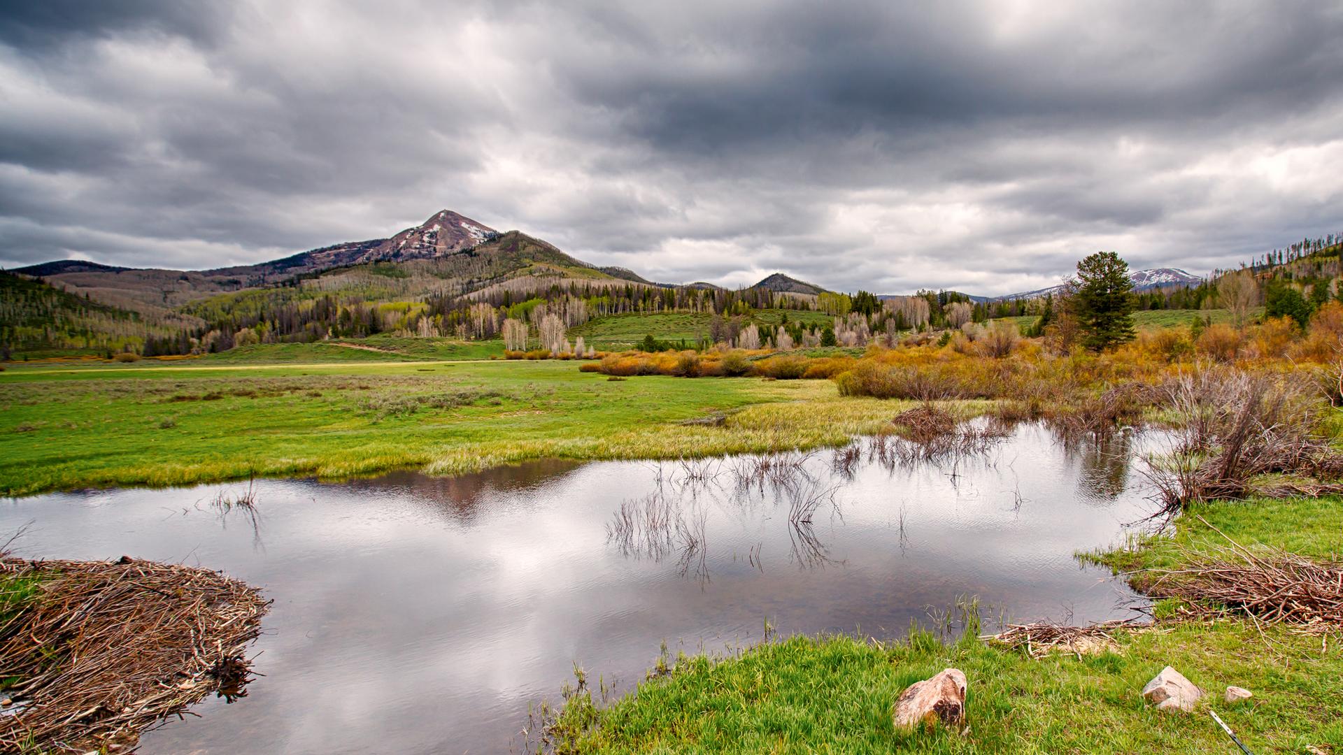 Cloudy sky over a reflective pond, green fields, and distant mountains.