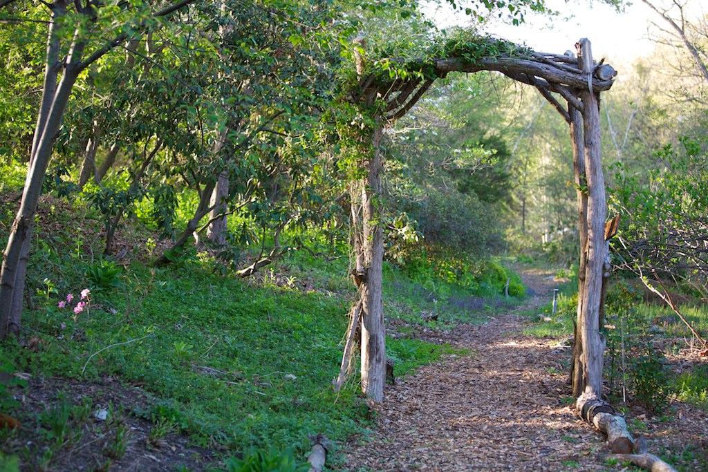 A rustic wooden archway over a sunlit dirt path in a green forest.